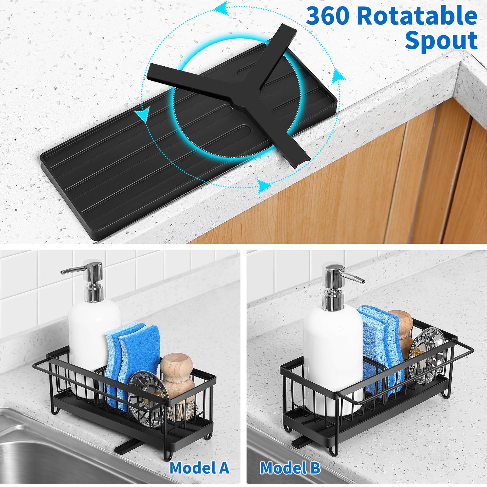 Cartilage Sponge Holder for Kitchen Sink Organizer, Kitchen Sink Caddy Storage with Dishrag Dishcloth Holder Rack,Rustproof 304 Stainless Steel Dish Sponge with Auto Draining Tray