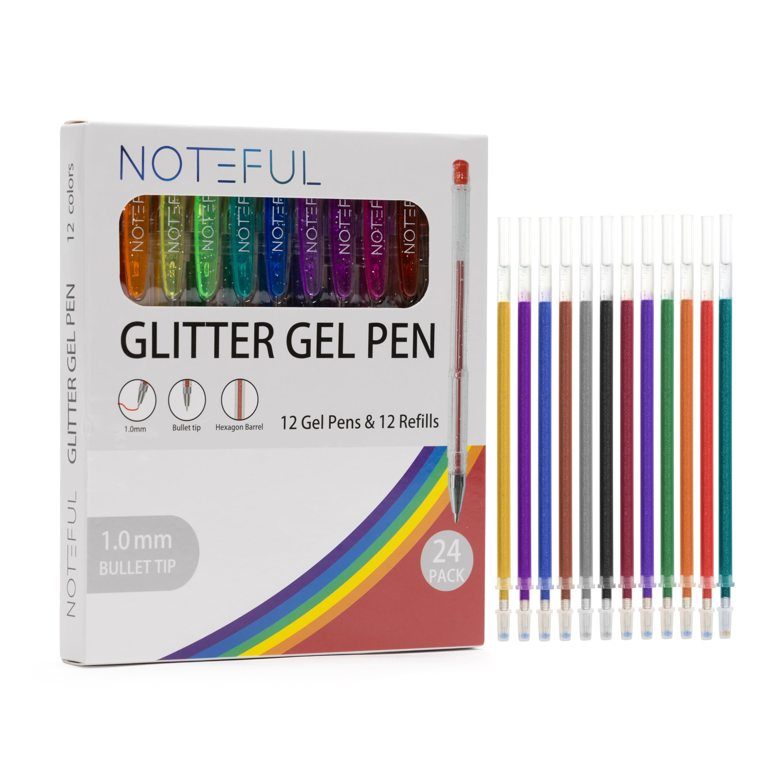 NOTEFUL Glitter Gel Pen Set – Smooth, Vibrant Ink for Art, Journaling, and Crafting with Long-Lasting Sparkle (2 Count (Pack of 24))