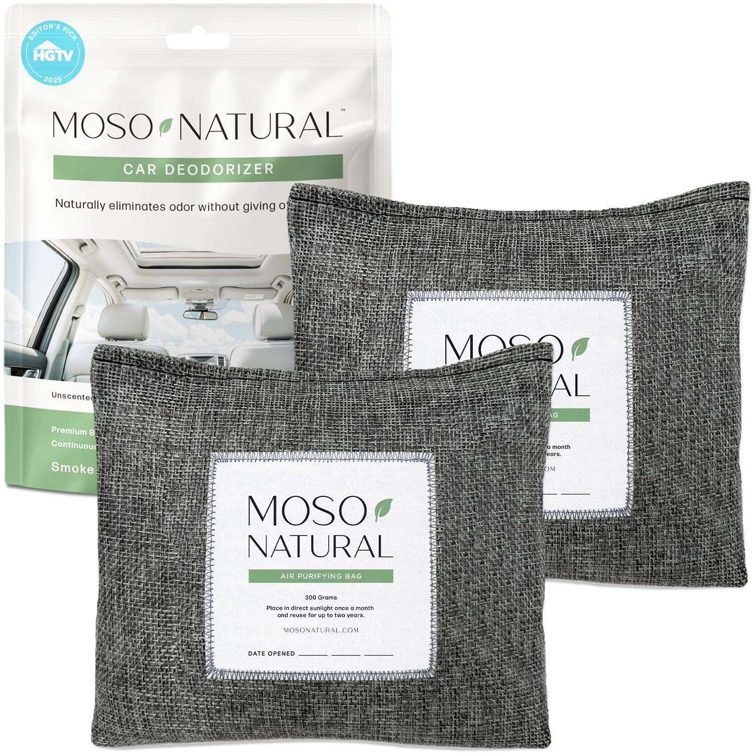 Moso Natural Car Air Freshener and Deodorizer | Long Lasting Bamboo Charcoal Odor Absorber | Non Toxic Odor Eliminator for Cars | Scent Free Air Purifying Bag (2 Pack)