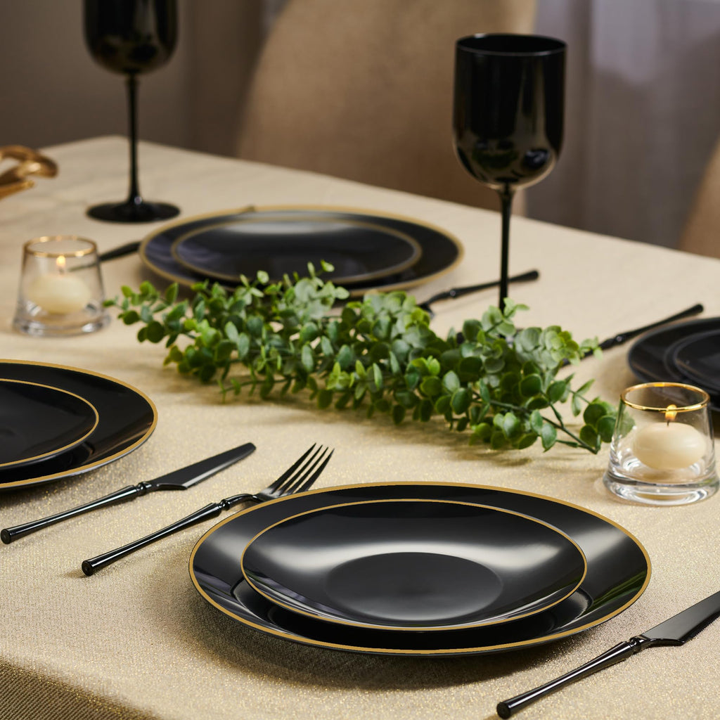 PLASTICPRO 32 Piece Combo Plate Set includes 16-7'' inch Plates & 16-10'' inch Dinner Plate Black Plastic With Gold Rim Design Party Plates, Premium heavyweight Elegant, Disposable