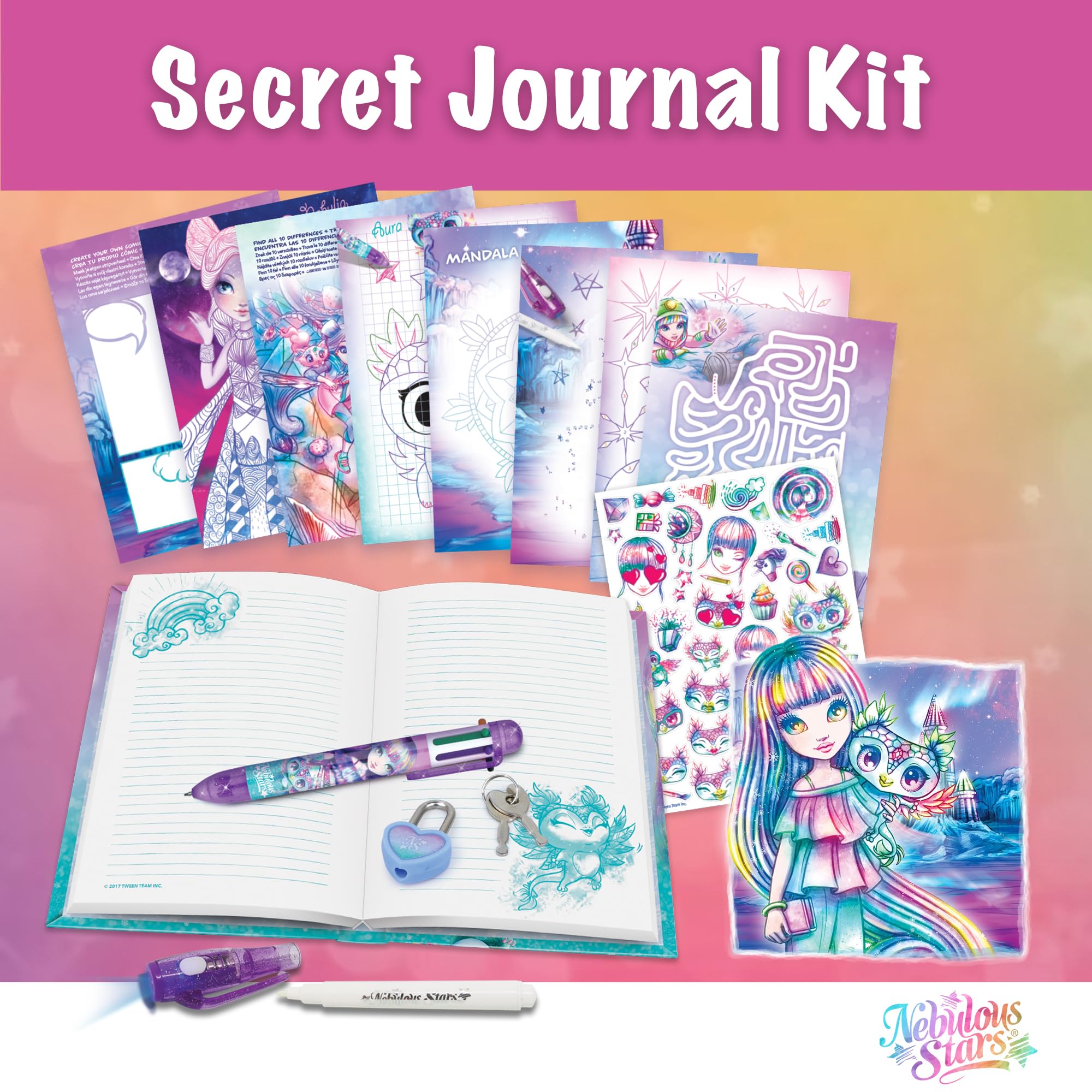 Nebulous Stars Secret Journal - Lockable Diary for Girls with Magic Invisible Ink Pen, 200 Pages, Fun Activities, Stickers, and Light-Up Cap - Isadora