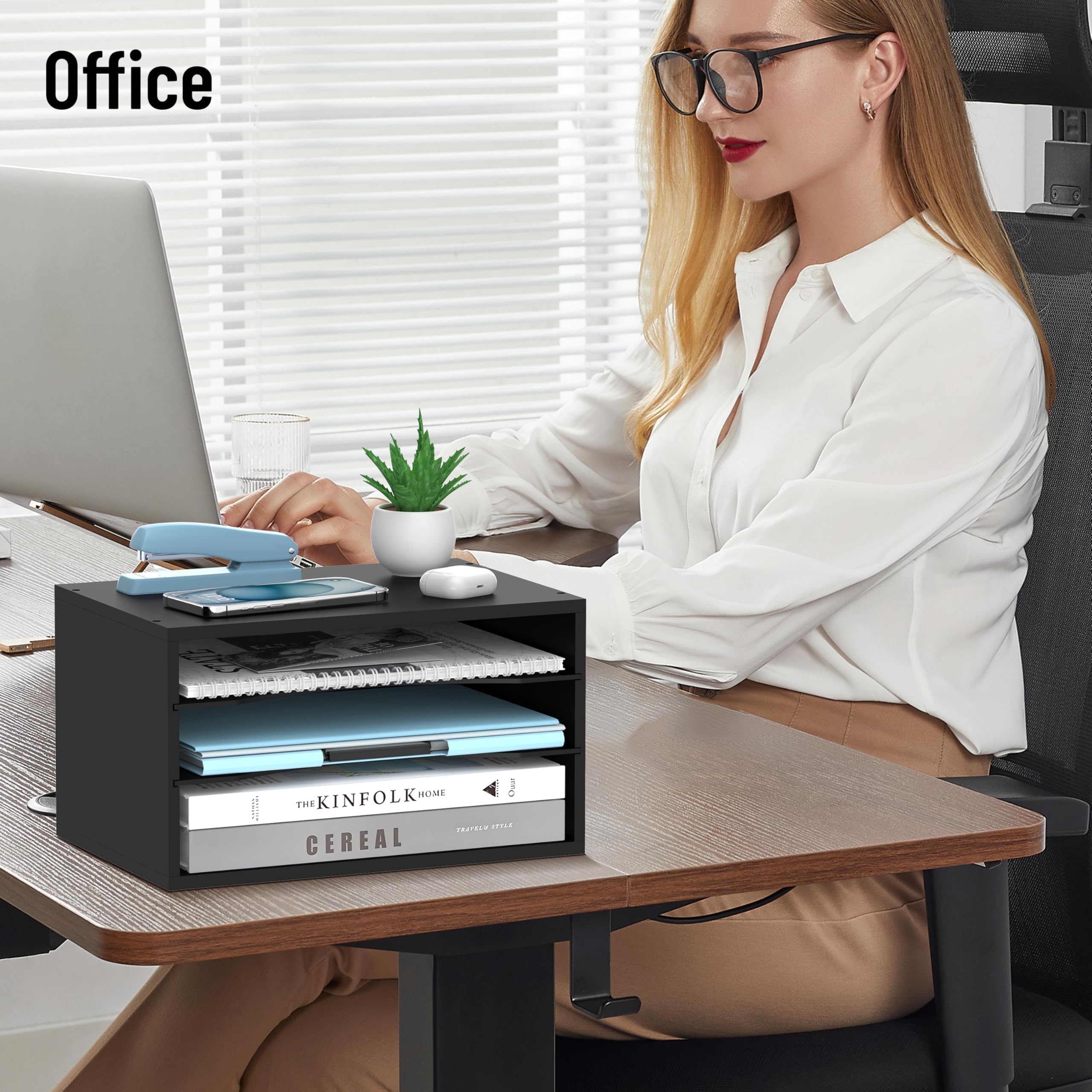 SHARKWOODS Wood Desk Organizer, 3 Tier Paper Sorter for Desktop with Adjustable Storage Shelves, Desktop Mail Holder for Office Home Classroom, Black