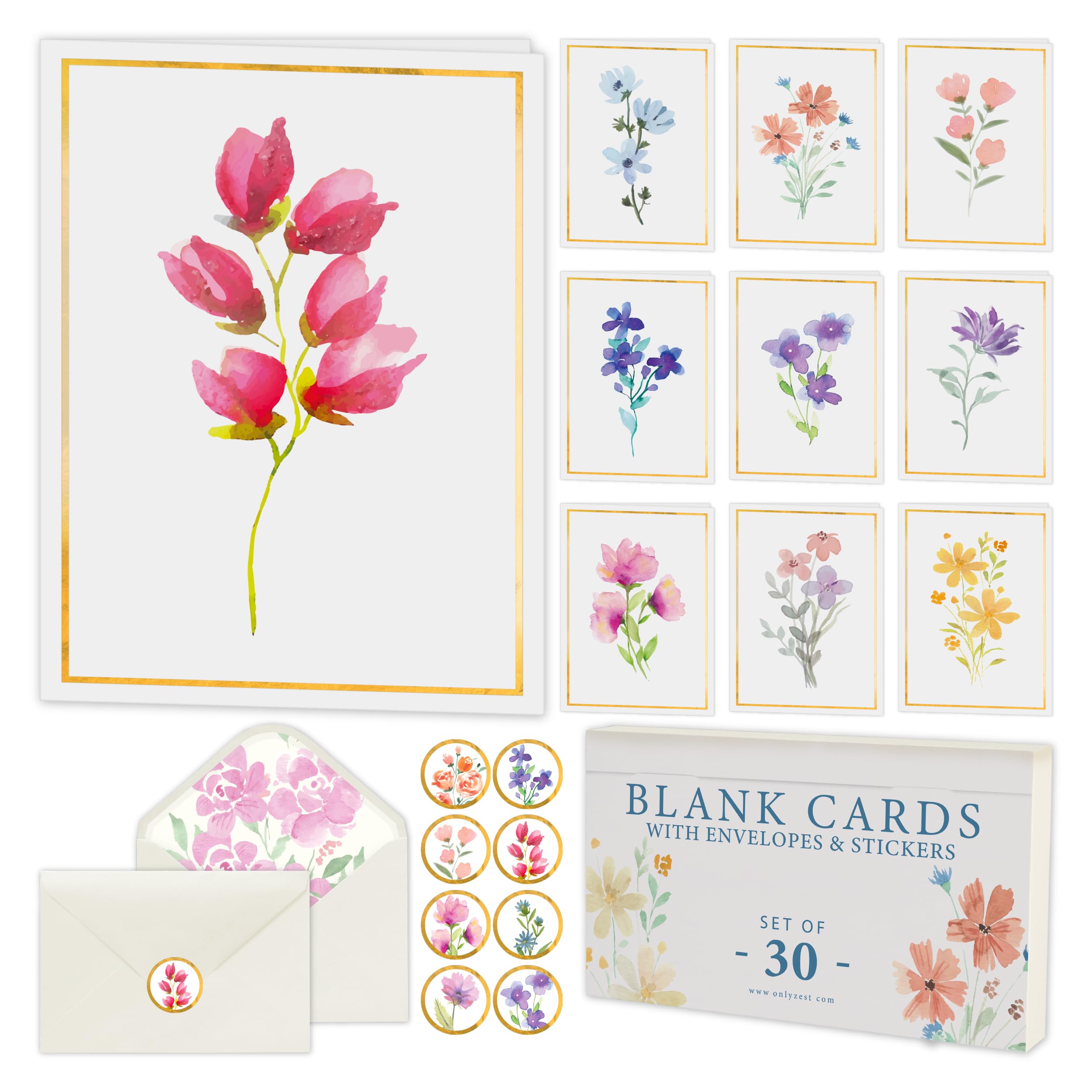 Only Zest 30 Blank Cards with Envelopes Set 4x6 Inch – Minimalistic Floral Design with Gold Border – Note Cards for Greetings, Thank You, Sympathy, Encouragement, Celebration, Personal Messages