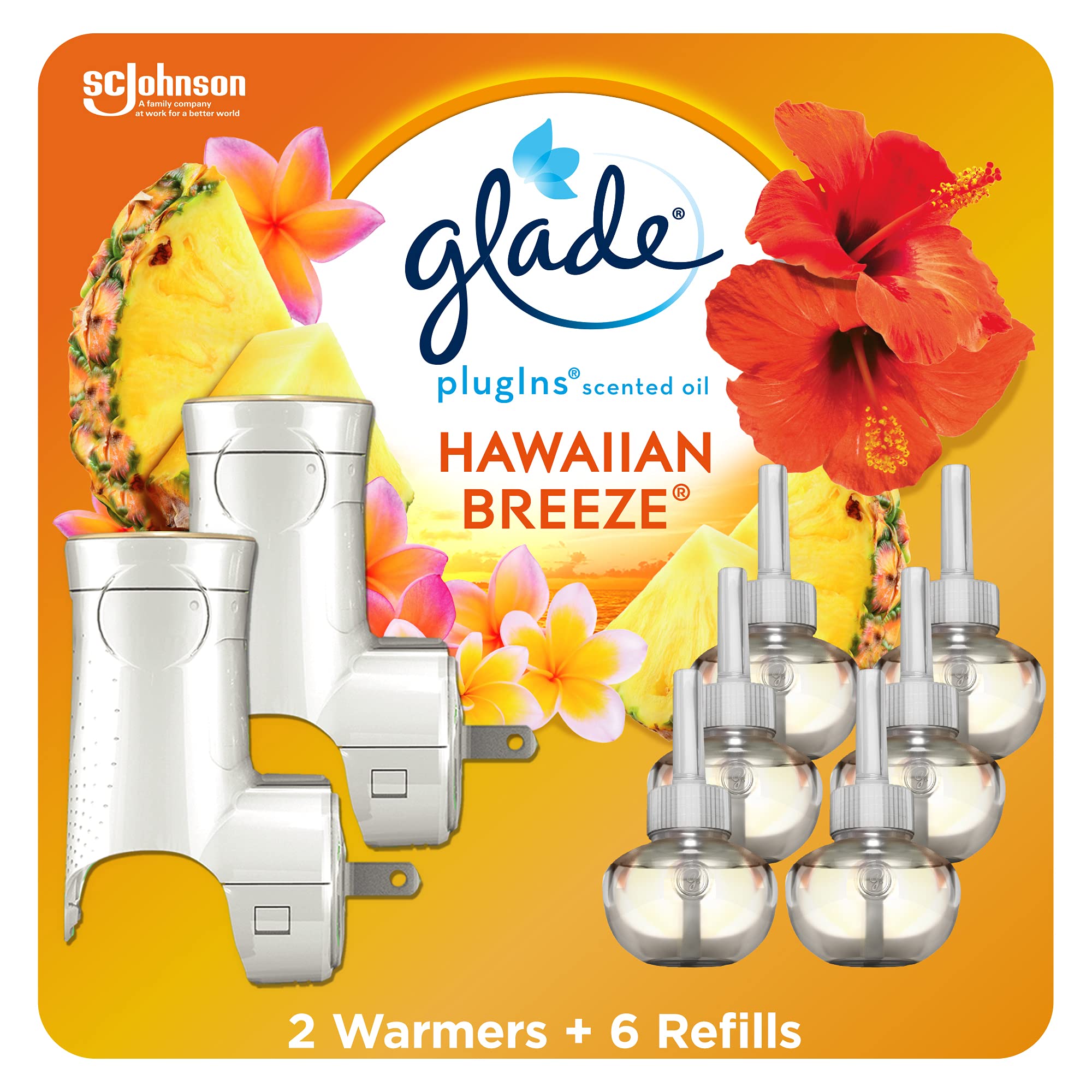 Glade PlugIns Air Freshener Oil Kit, Scented and Essential Oils for Home and Bathroom, Hawaiian Breeze, 2 Warmers + 6 Refills
