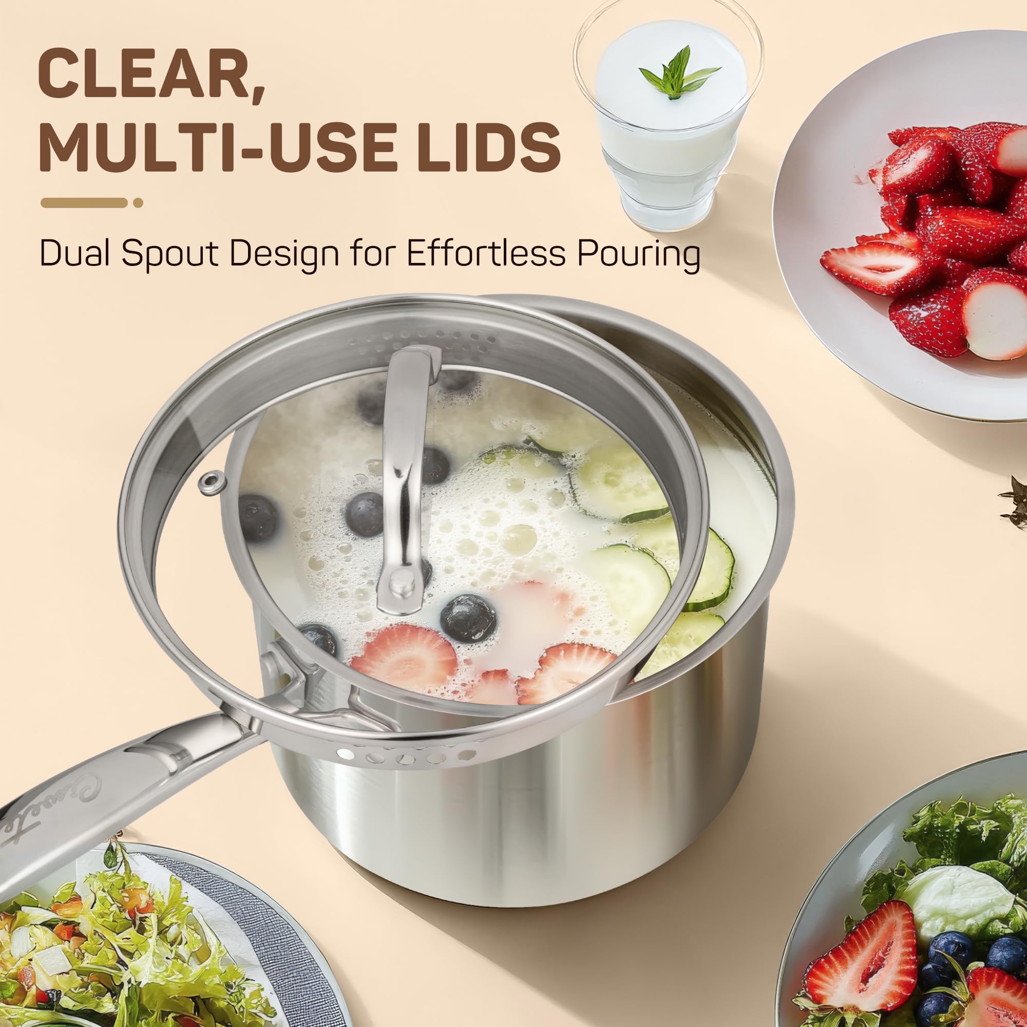 Ciwete 2 Qt Stainless Steel Saucepan with Glass Strainer Lid, 2 Quart Pot Stainless Steel Sauce Pan with Pour Spout, Mirror Polishing, Compatible with All Cooktops Dishwasher Safe Oven Safe