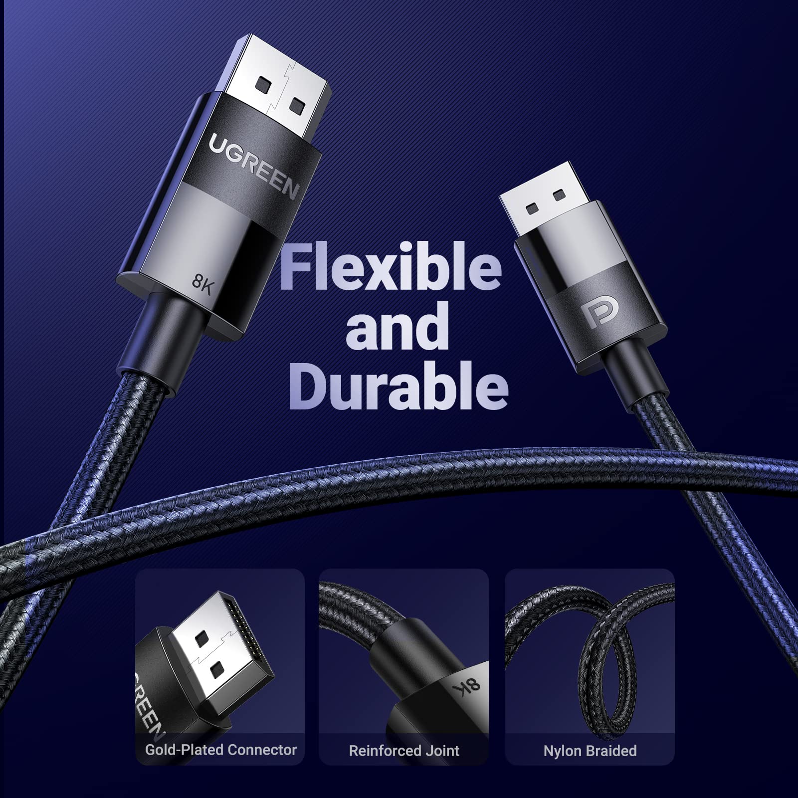 UGREEN VESA Certified DisplayPort 1.4 Cable, DP 8K@60Hz, 4K@144Hz, 1080P@240Hz, Support 32.4Gbps HDR, FreeSync G-Sync, Braided Cord for HDTVs, Gaming Monitors, PC Graphics (10ft)