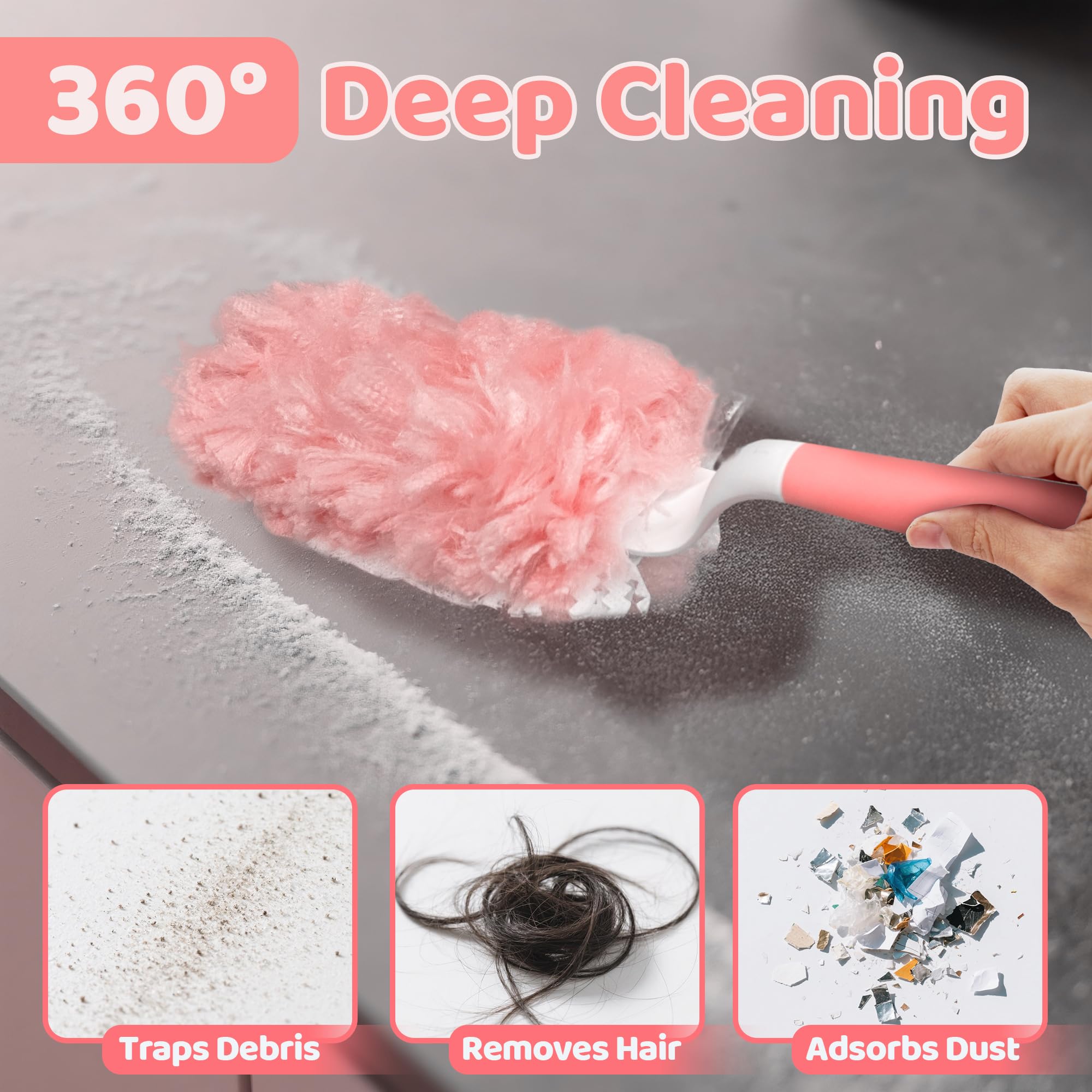GQIRIL 360° Dusters Refills for Cleaning - 80 Count Disposable Feather Duster Kit with 2 Handles, Multi-Surface Microfiber Feather Dusting Cleaner for Furniture Blinds Windows Ceiling Fans (Pink)