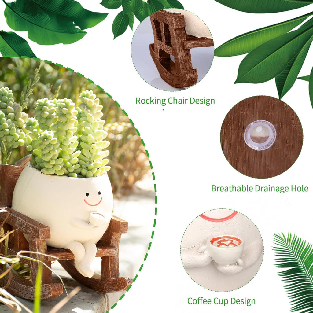 Swinging Smiley Face Plant Pot,Cute Coffee Plant Pots for Indoor Outdoor,Cute Head Resin Rocking Chair Plant Pots,Rocking Chair Succulent Flower Pots with Drainage Hole, Gift IdeaI for Birthday
