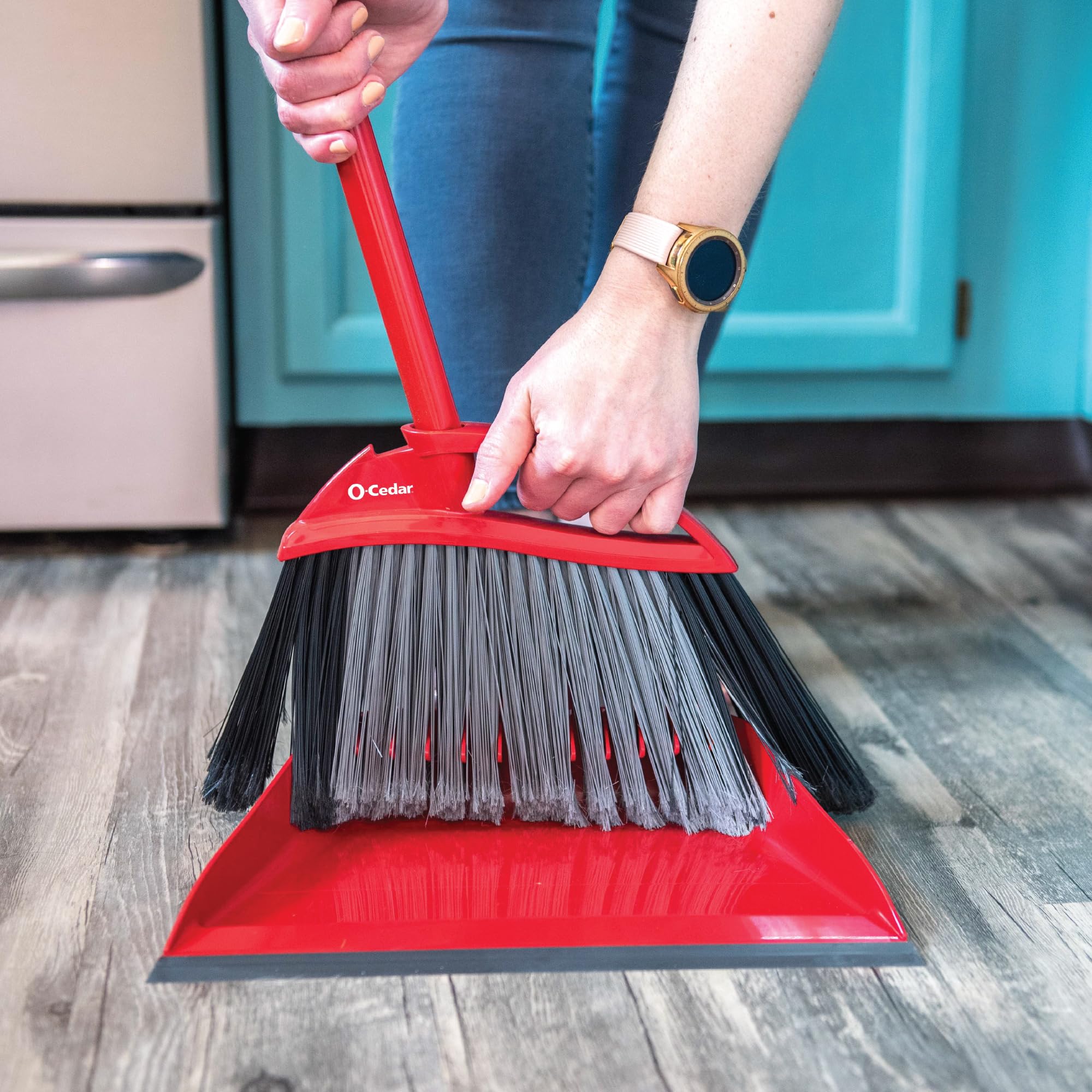 O-Cedar Pet Pro Broom & Step-On Dustpan PowerCorner, Red