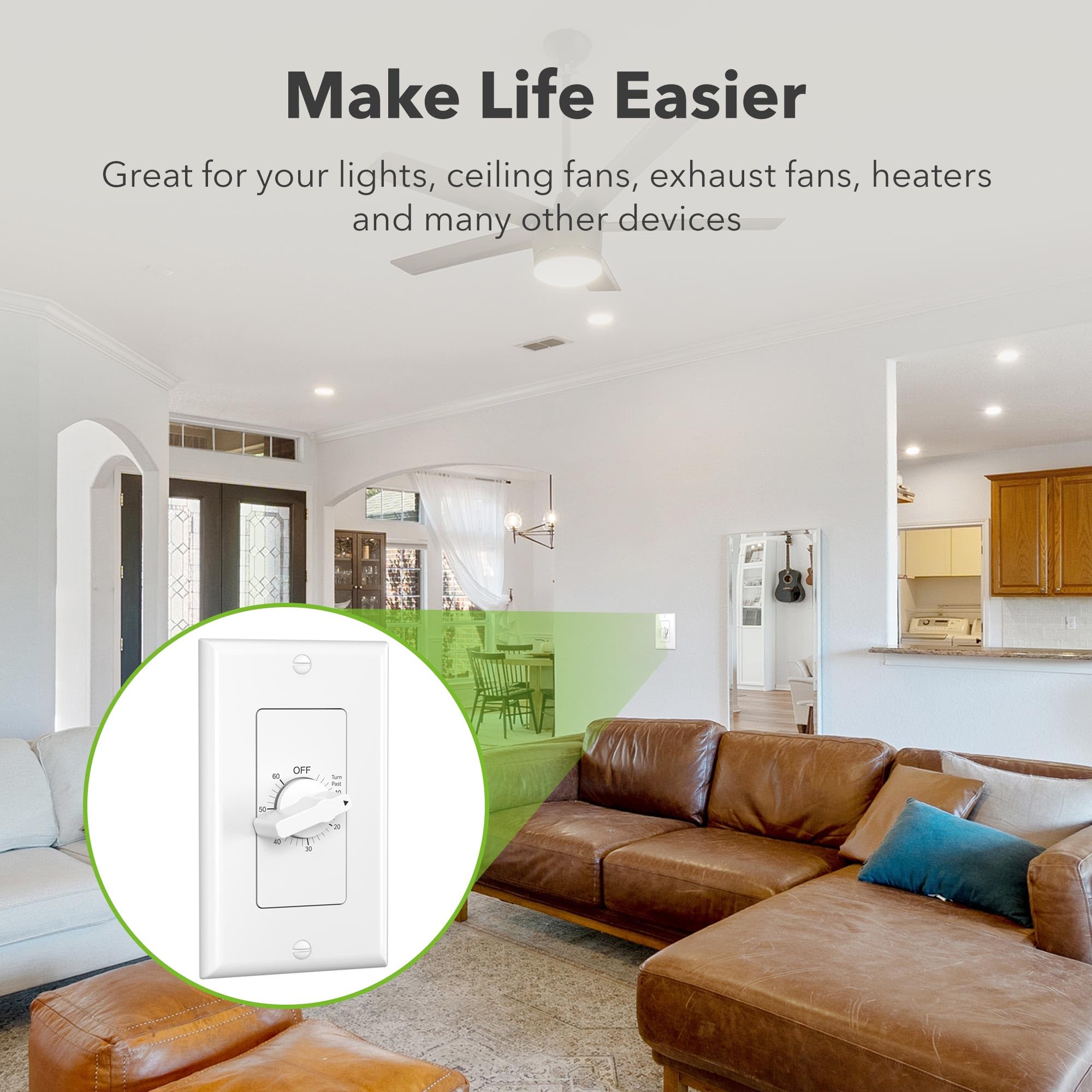 BN-LINK Heavy Duty 60-Minute in-Wall Spring Wound Countdown Timer Switch for Lights, Mechanical Switch Timer for Bathroom Exhaust Fan, No Neutral Wire Required, 2 Wall Plate(White and Silver Metallic)