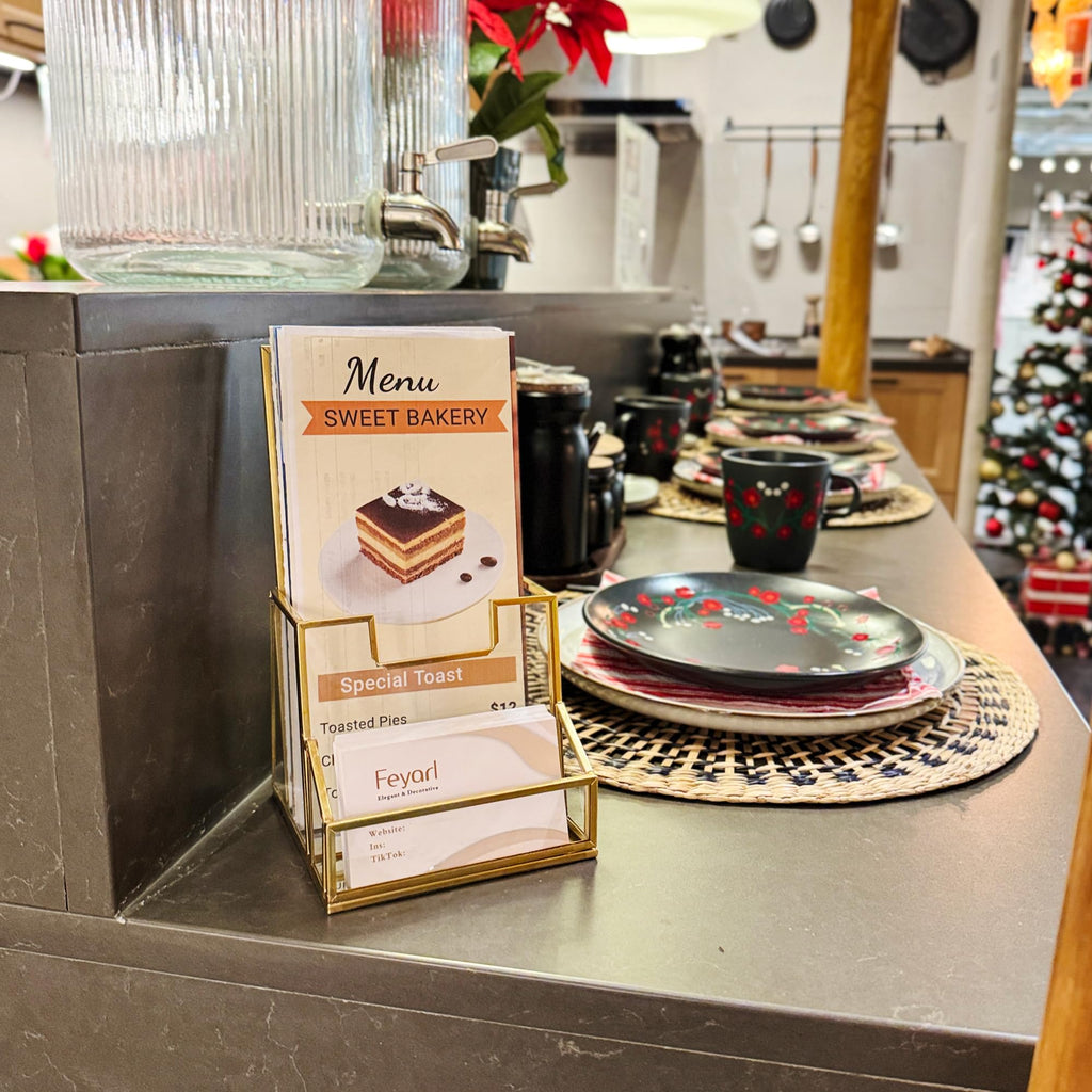 Feyarl Gold Glass Brochure Holder Pamphlets Cards Literature Holder Flyer for 4" Trifold Holder Glass Display Stand with Business Card Holder for Brochures Magazines Literatures Display