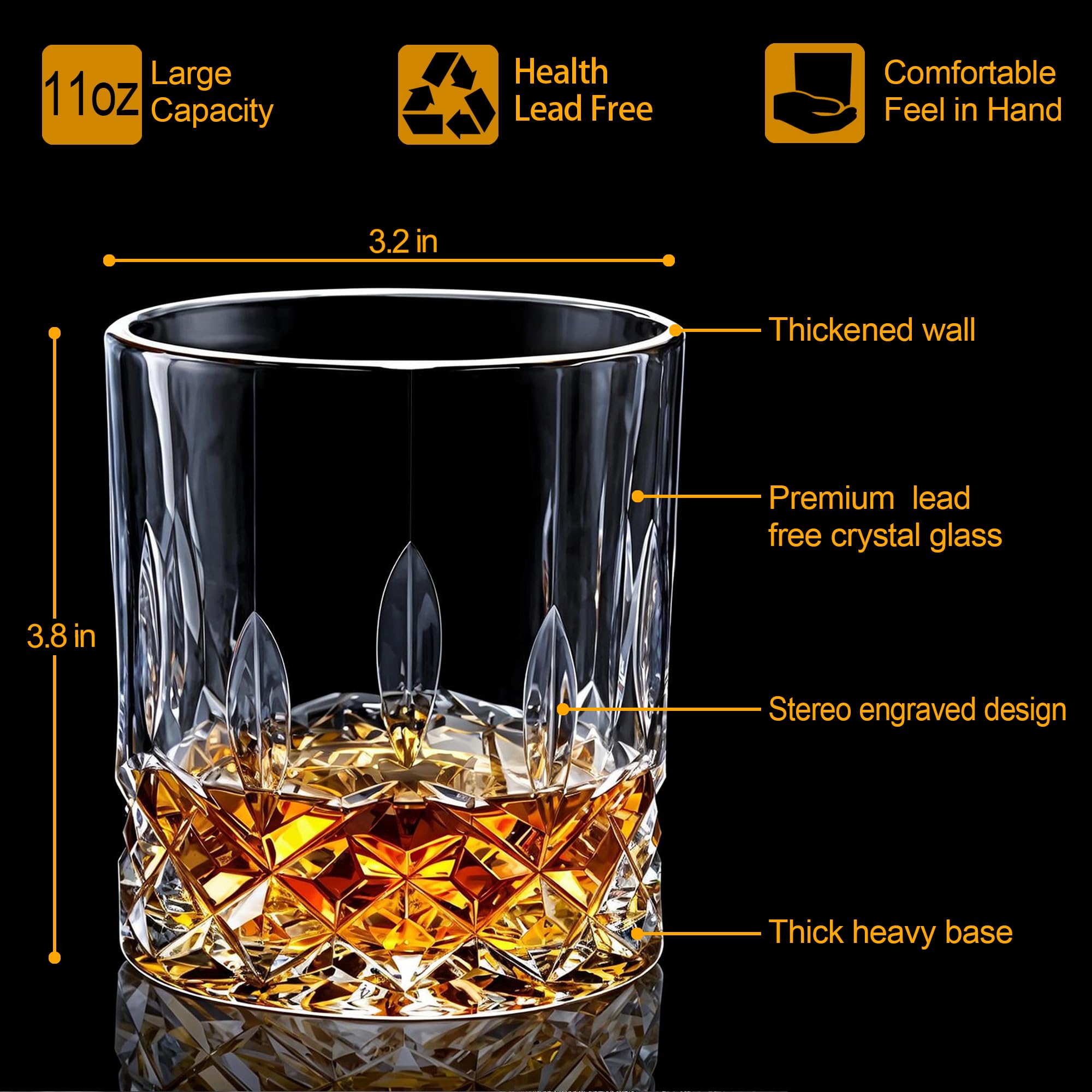 Whiskey Glasses Set of 8, 330ml Cocktail Glasses in Gift Box (Buy 6, get 2 Free), Crystal Old Fashioned Glass for Drinking Bourbon Vodka Rum Liquor, Barware Gifts for Men