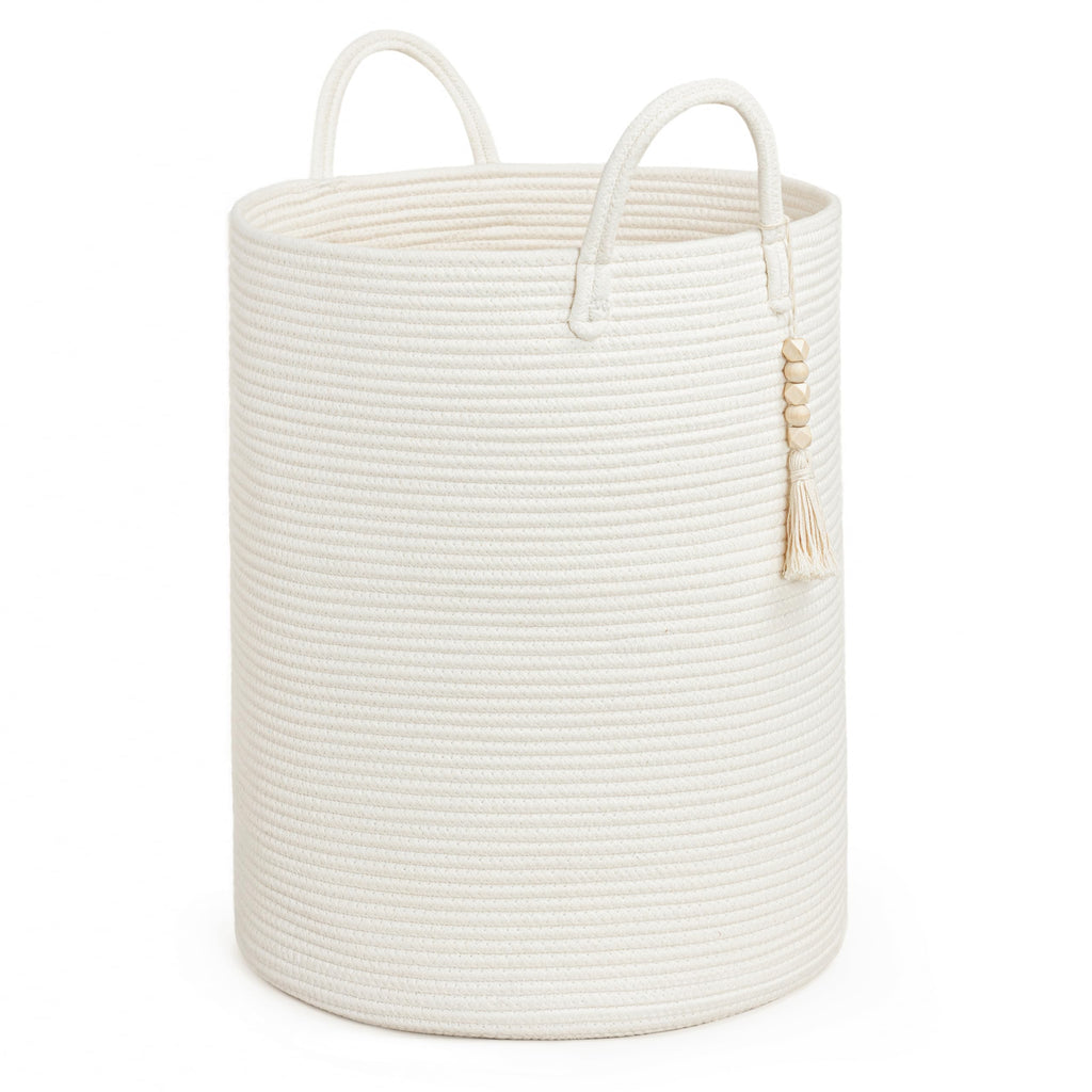 Goodpick Large Laundry Hamper with Handles,Cute Baby Laundry Basket, Tall Laundry Hamper for Clothes, Towels,Woven Rope Toy Storage Basket,Decorative Blanket Basket White, 16 x 20 inches