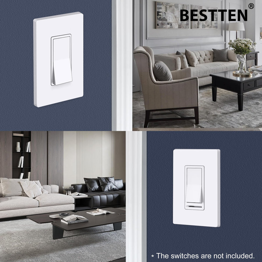 BESTTEN 10 Pack of 1-Gang Screwless Wall Plate, USWP6 Gloss Snow White Series, Decorator Outlet Cover, 11.91cm x 7.39cm, Switch Plate Cover for Light Switch, Dimmer, GFCI, USB Receptacle