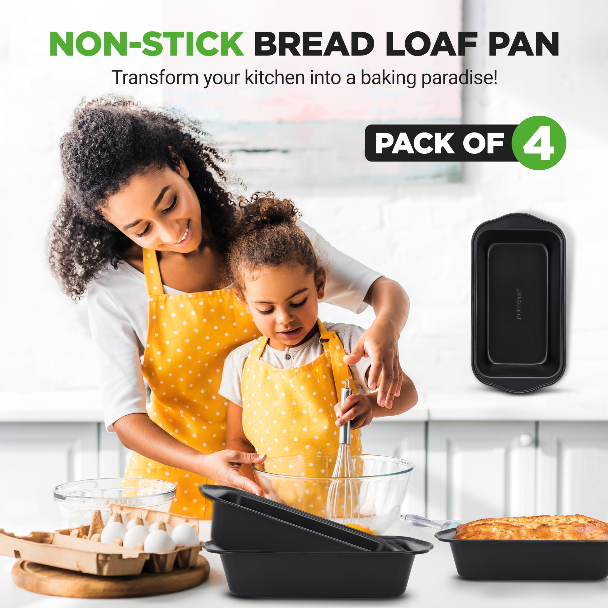 NutriChef Loaf Pans - 4 Piece Nonstick Bread Loaf Pan with Easy Grip Handles, Heavy Duty Carbon Steel, Idea for Cakes, Bread, Loaves and Meatloaf, Dishwasher Safe, 11.6"x5.9"