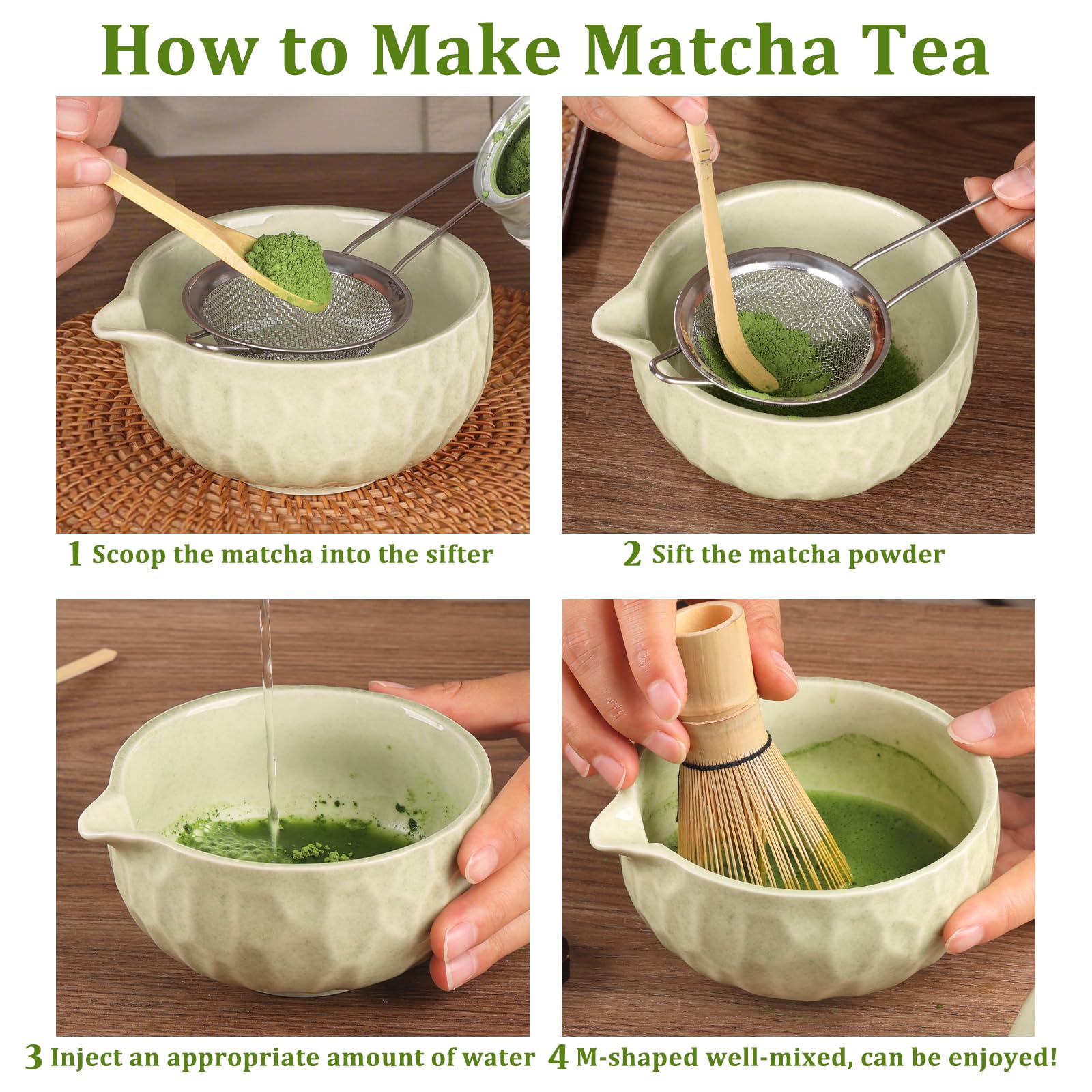 Matcha Whisk Sets,Japanese Matcha Set,Matcha Bowl with Spout,Matcha Whisk and Holder,Bamboo Scoop,Sifter - 6 Pcs Tea Set for Matcha Lover,Tea Ceremony,Thanksgiving,Christmas Gifts(Green)
