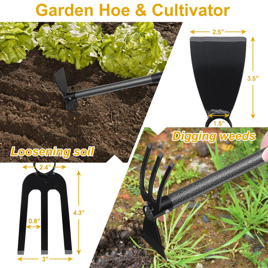 Garden Tool Hoe and Cultivator Hand Tiller with 45inch Adjustable Handle,Heavy Duty Garden Rake with Hoe, Hand Garden Tools Sturdy Sharp