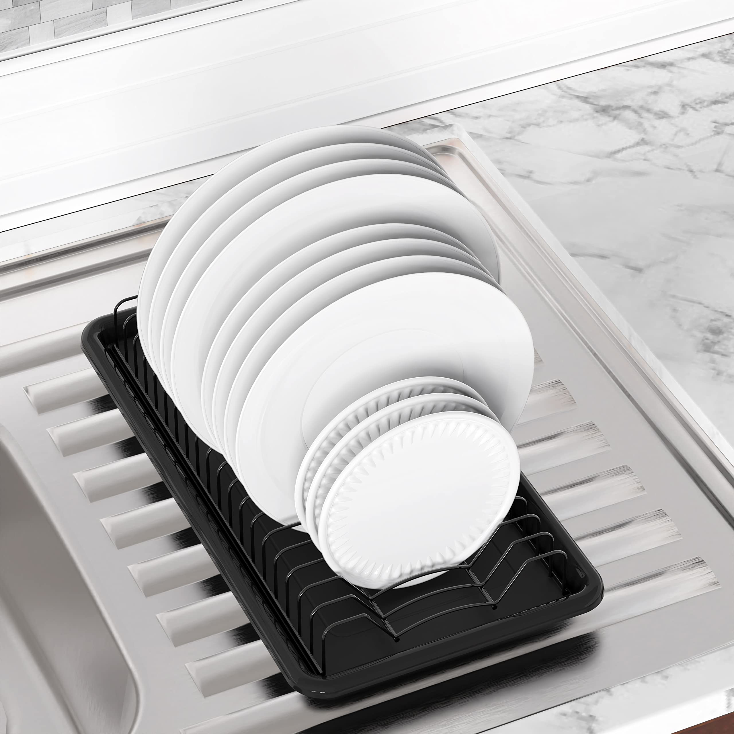 Simple Houseware Stainless Steel Plate Drying Rack with Drainboard, Dish Organizer for Kitchen Cabinet or Countertop Storage, Black