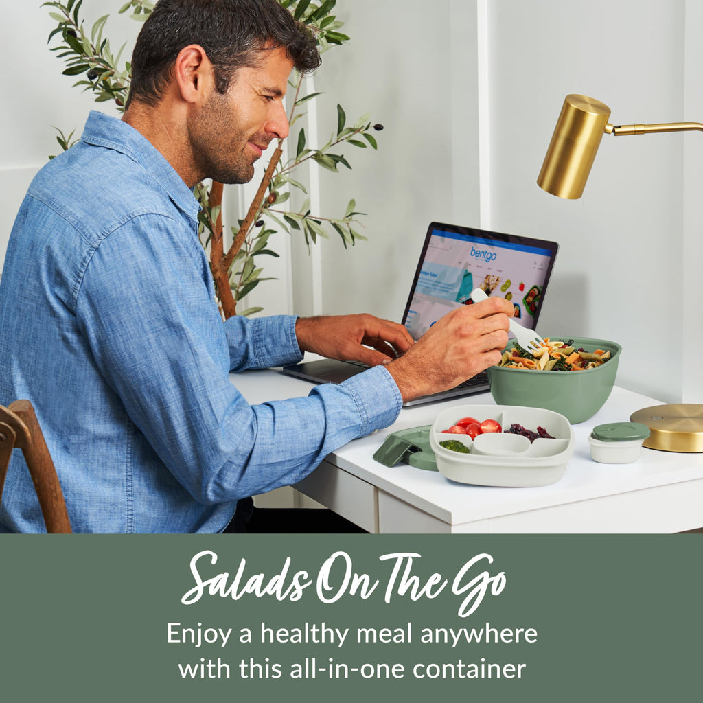 Bentgo Salad - Stackable Lunch Container with Large 54-oz Salad Bowl, 4-Compartment Bento-Style Tray for Toppings, 3-oz Sauce Container for Dressings, Built-in Reusable Fork & BPA-Free (Khaki Green)