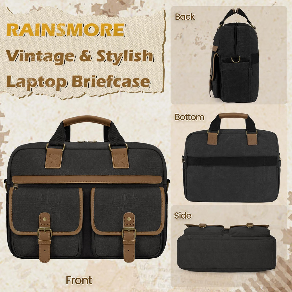 RAINSMORE Messenger Bag for Men 15.6 Inch Laptop Bag Canvas Water-Repellent Computer Bag Casual Office Work Briefcase Fashion Crossbody Shoulder Handbag