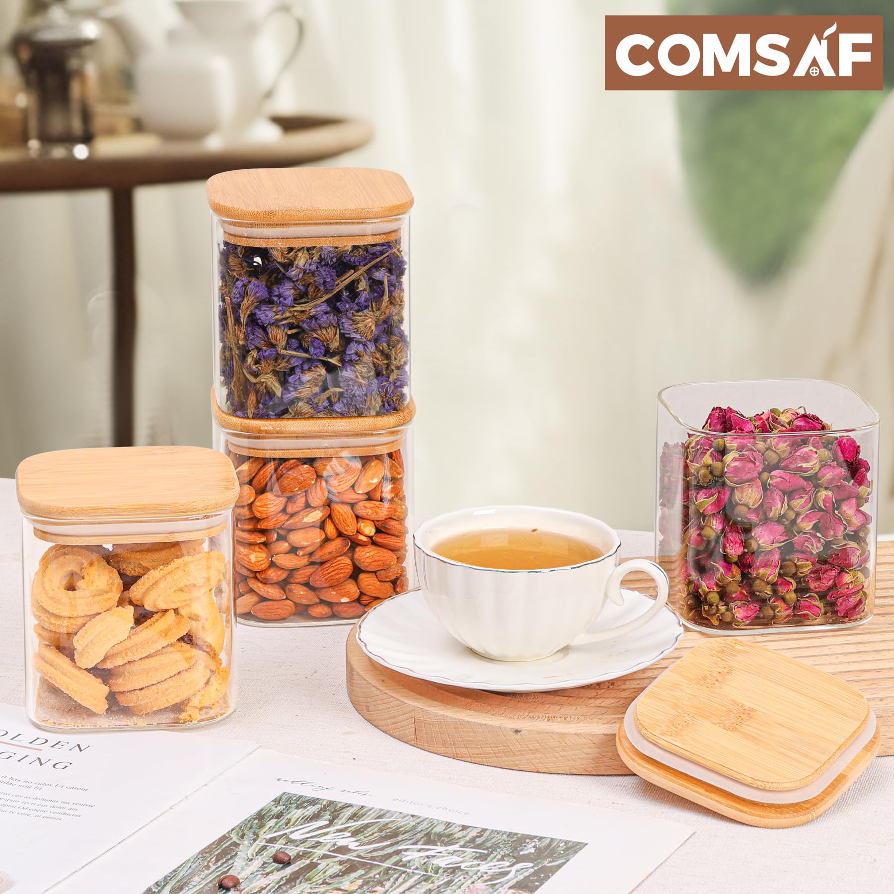 ComSaf 650ML Glass Food Storage Jars Set of 4, Small Glass Storage Containers with Lids, Pantry Organization Jar, Spice Jar, Blooming Tea, Candy and Cookie Container, Clear Canister Set for Kitchen