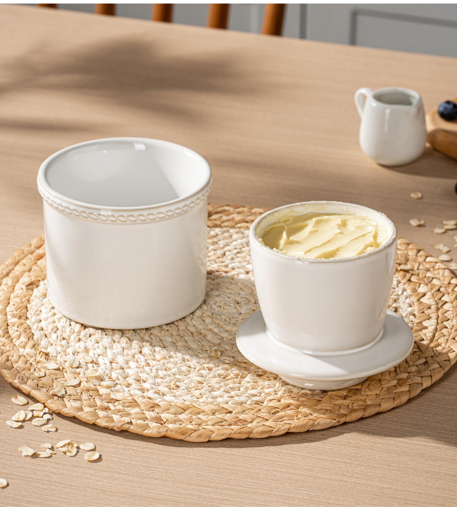 JERSINWEI Butter Crock with Lid, French Butter Dish for Countertop, Ceramic Butter Keeper Keeps Butter Soft & Spreadable Without Refrigeration, Vintage Kiln Glaze White Design, 8 oz / 230 ml