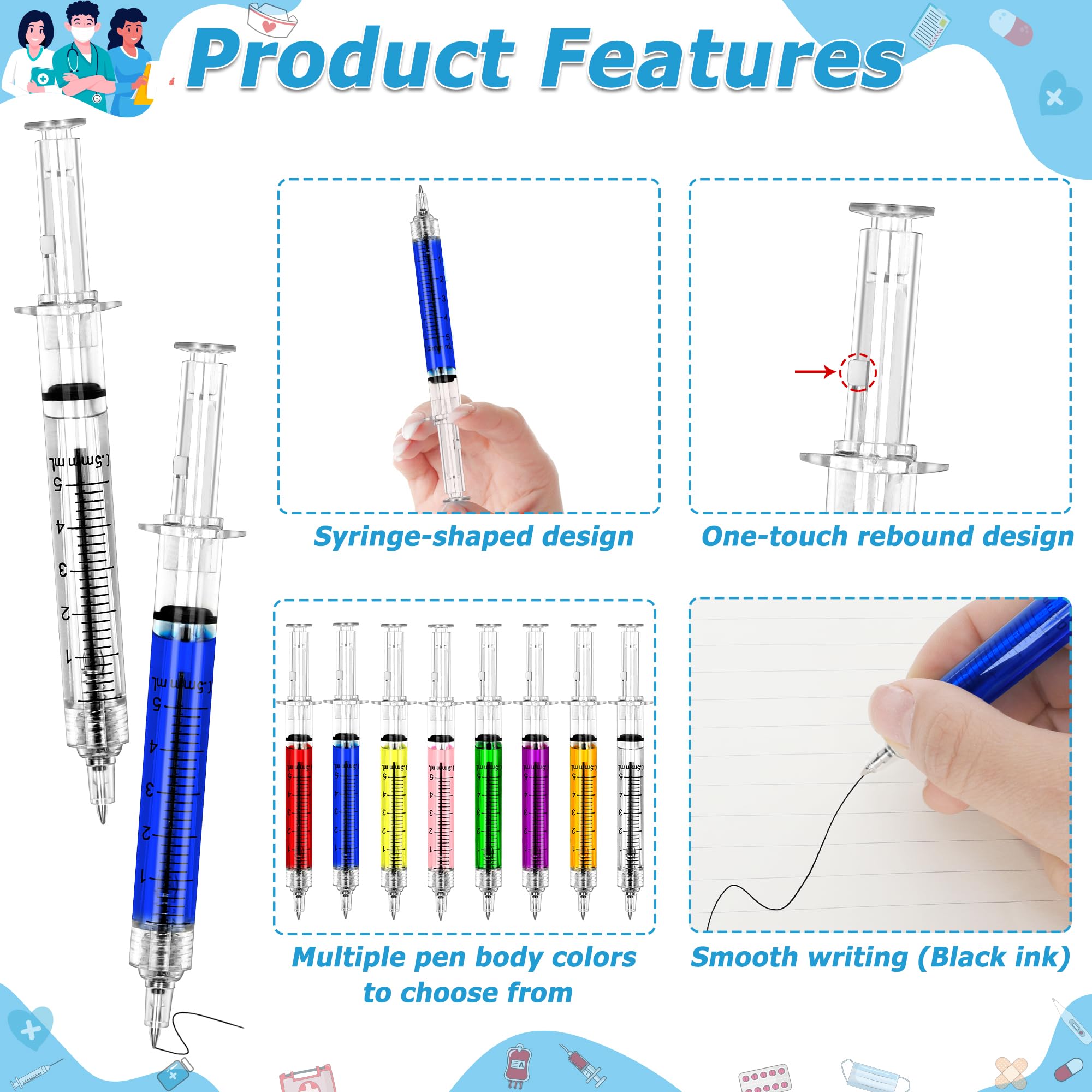 Ubabe 50 PCS Nursing Pens, Retractable Syringe Pens for Nurses, Multi-Color Nurse Pens, Funny Nurses Week Gifts Bulk, Black Ink Novelty Ballpoint Pens for Medical Assistants Student Hospital Nurse