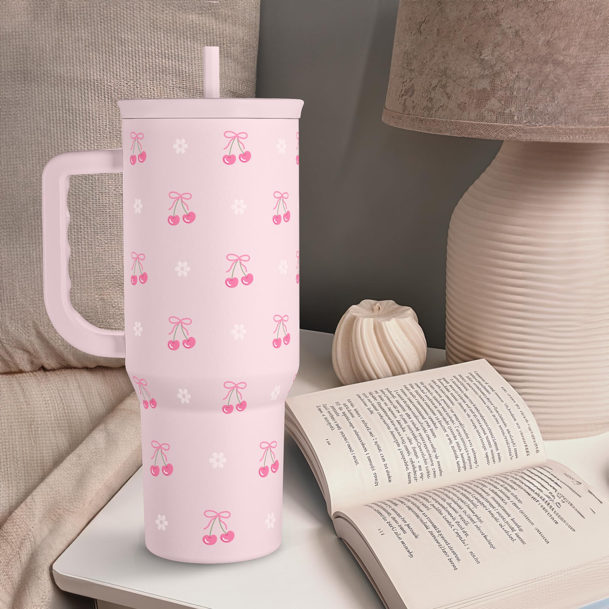 Cherry 40oz Slider Tumbler with Handle and Straw - Insulated Stainless Steel Travel Coffee Mug for Women Girls, Gift for Birthday Christmas