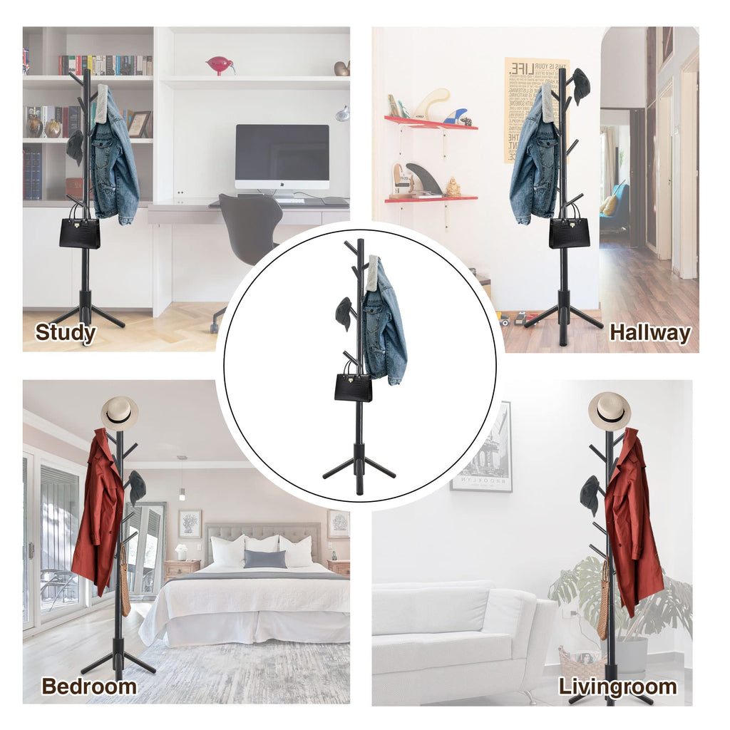 Haddockway Wooden Coat Rack Stand with 8 Hooks New Zealand Pine Adjustable Coat Standing Tree Easy Assembly for Coats, Hats, Scarves and Handbags for Entryway, Hallway, Bedroom, Office (Black)