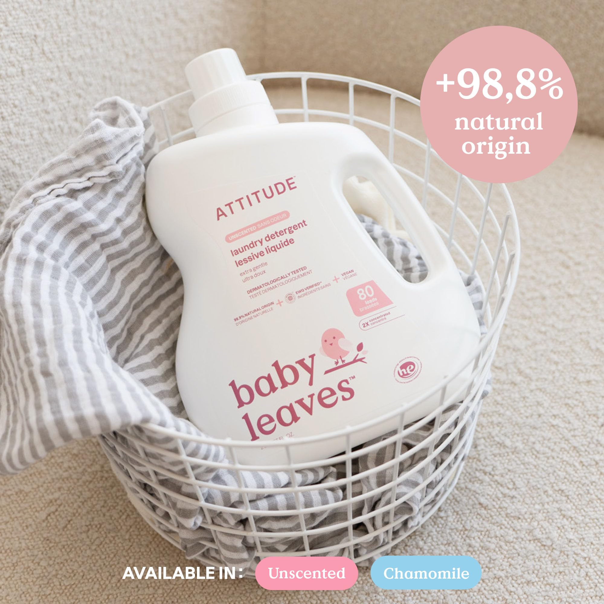 ATTITUDE Baby Laundry Detergent Liquid, Made in Canada, EWG Verified, Safe for Baby Clothes, Infant and Newborn, Vegan and Naturally Derived Washing Soap, HE Compatible, Unscented, 80 Loads, 2 Liters