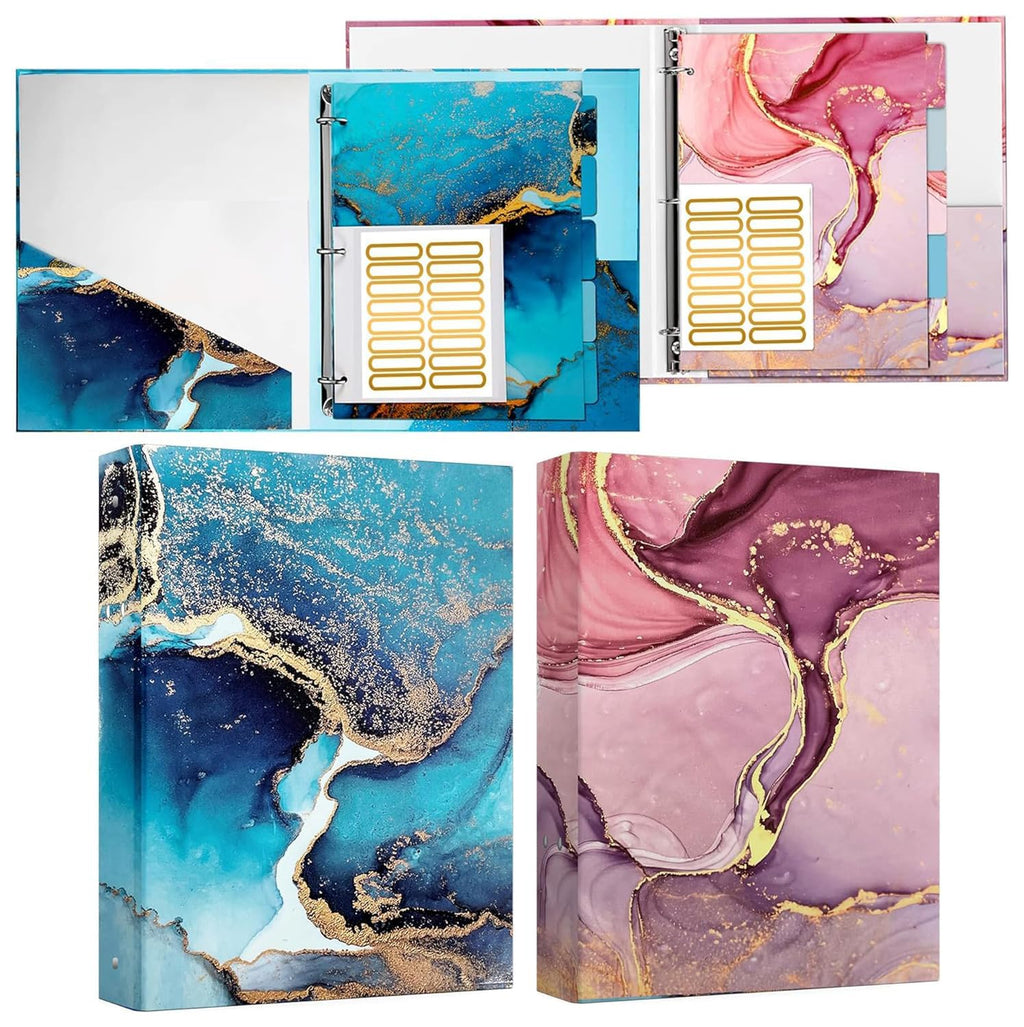 Performore 2 Pack of Fashion Binders 1 Inch with 2 Inner Pockets, Includes 5 Full-Size Tab Dividers, Index Tab Stickers Sheet, 1-Pink &1-Blue Decorative 3 Ring Binder, Aesthetic Cute Binder For School