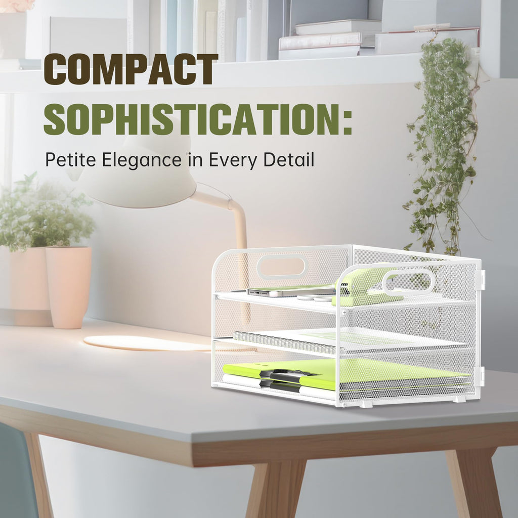 Daltack 3-Tier Paper Organizer with Handle, Mesh Desk Organizer Letter Tray, Paper Tray Organizer File Organizer for A4 File Folder, White