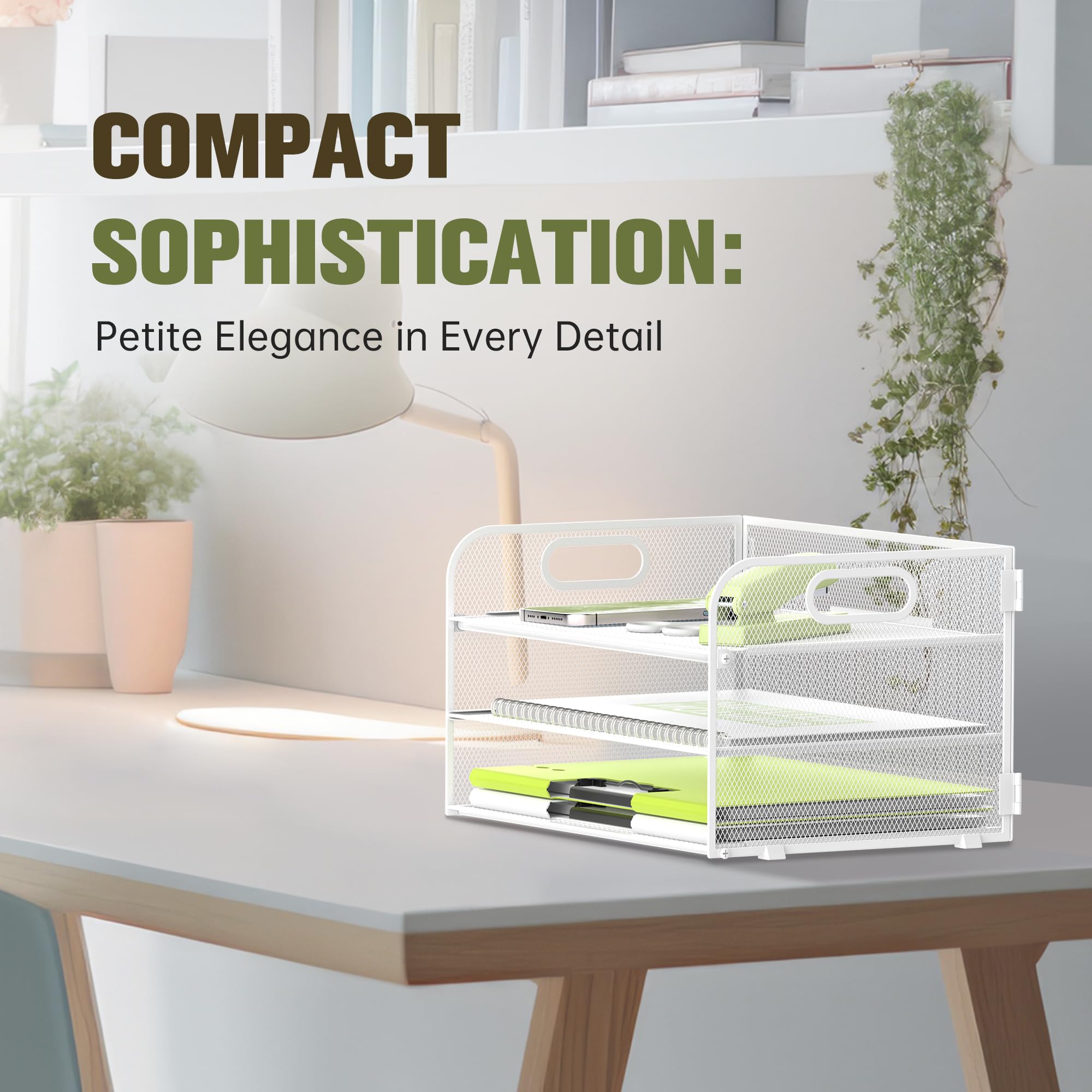 Daltack 3-Tier Paper Organizer with Handle, Mesh Desk Organizer Letter Tray, Paper Tray Organizer File Organizer for A4 File Folder, White