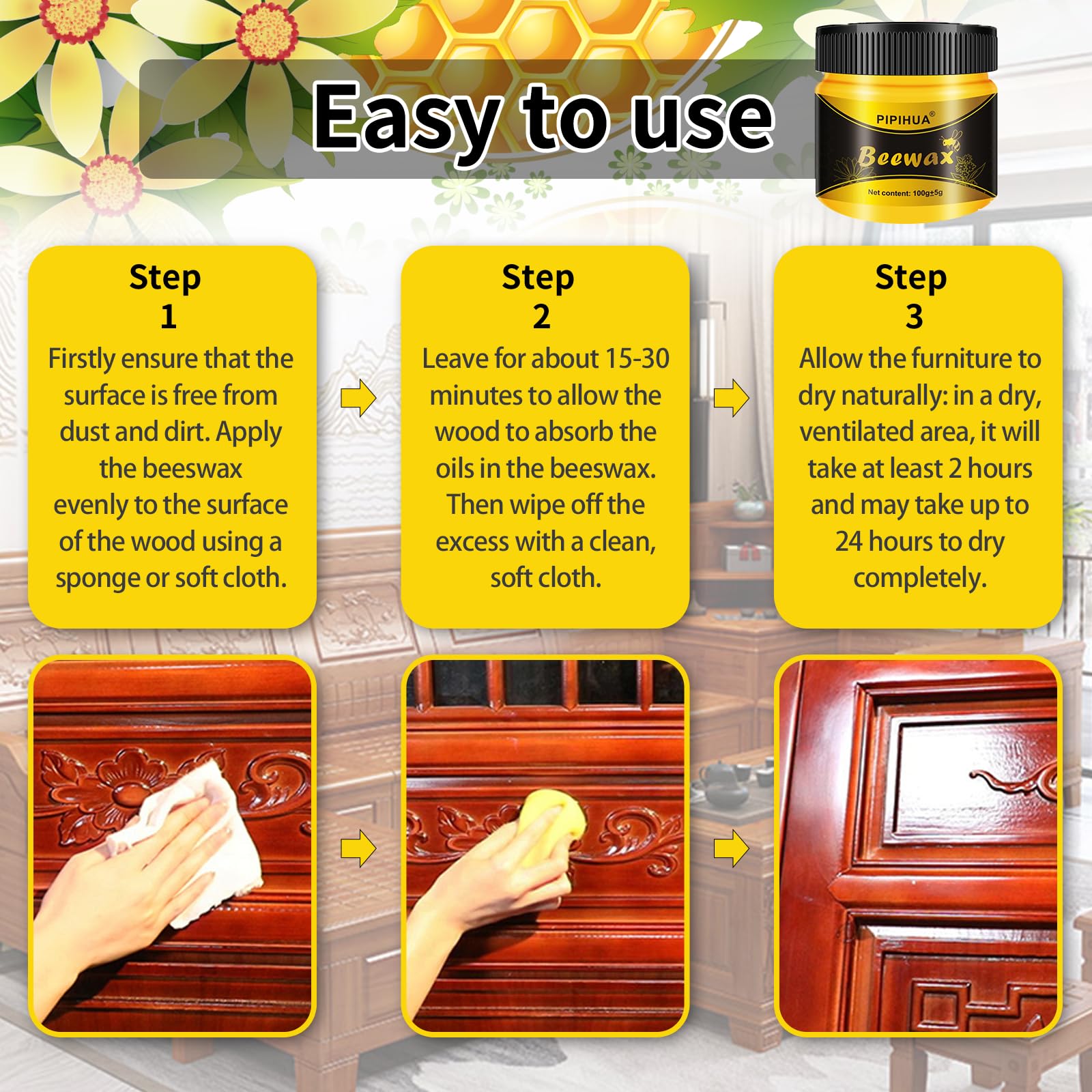 PIPIHUA Beeswax Furniture Polish, Wood Seasoning Beeswax for Furniture Waterproof & Repair Wood Wax for Floors Cabinets to Protect & Care, 4pcs Wax Polish with 8pcs Sponges