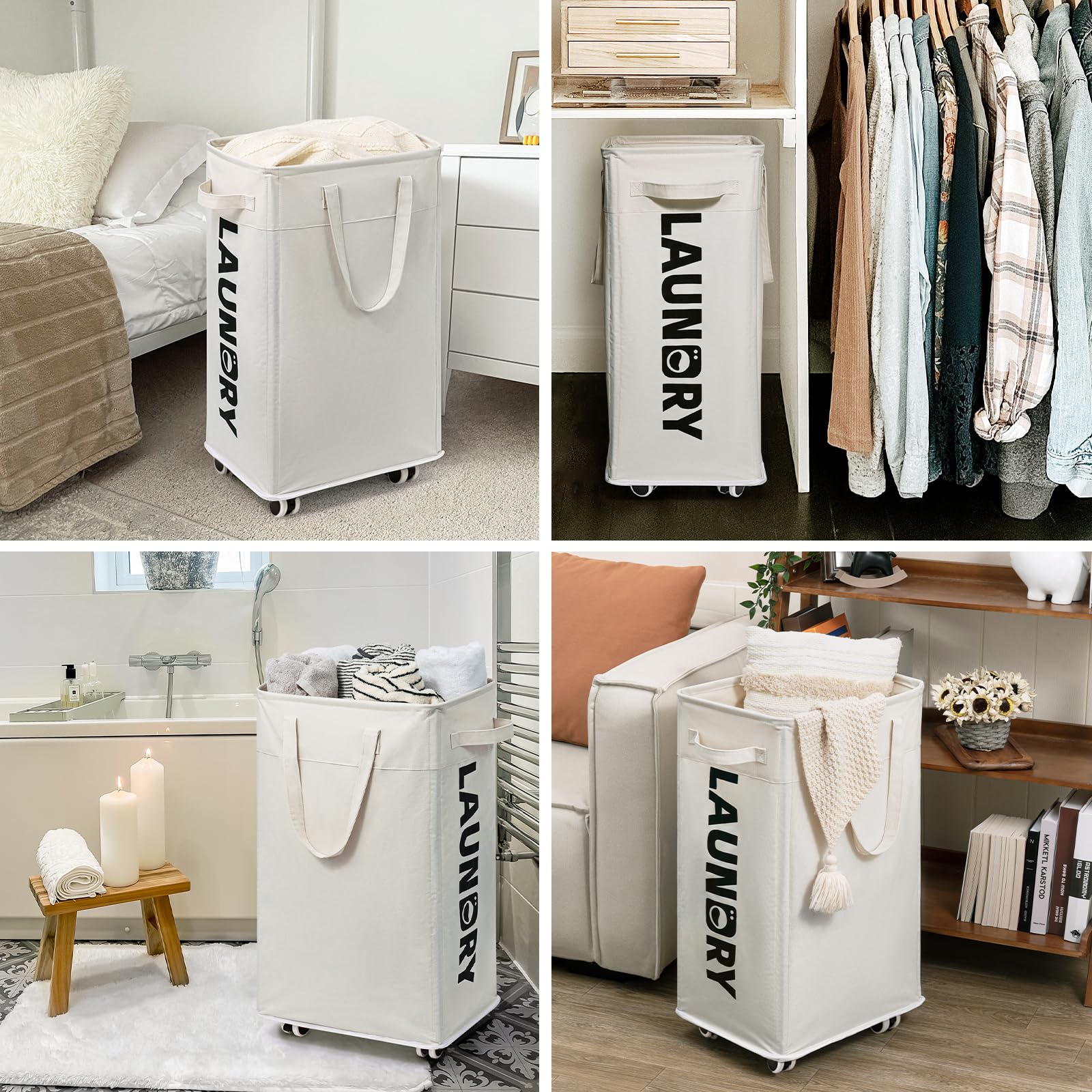 Goodpick Laundry Hamper with Wheels, 75L Collapsible Laundry Basket Organizer, Clothes Hamper with Removable Wash Bag for Bedroom, Large Laundry Basket with Handle, White