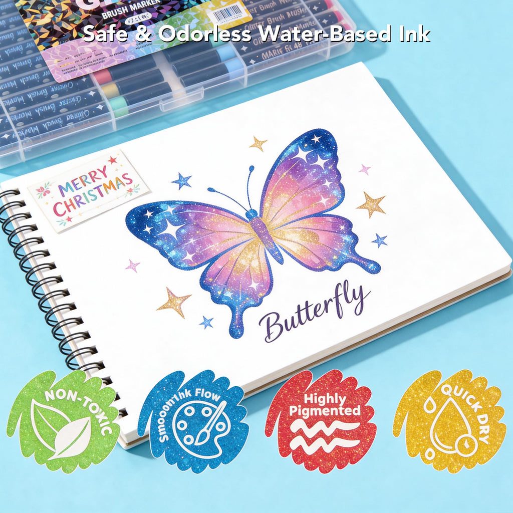 Bonace 48 Pcs Glitter Markers, Brush Tip Marker, Metallic Sparkle Water Based Markers for Cards, DIY Crafts, Doodle, Writing, Art Supplies Scrapbooking