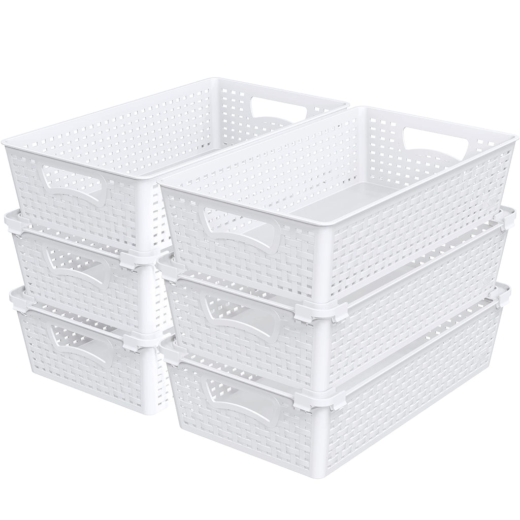 Simple Houseware Stackable Plastic Woven Basket Storage and Pantry Organizer Bin, 6 Pack, White
