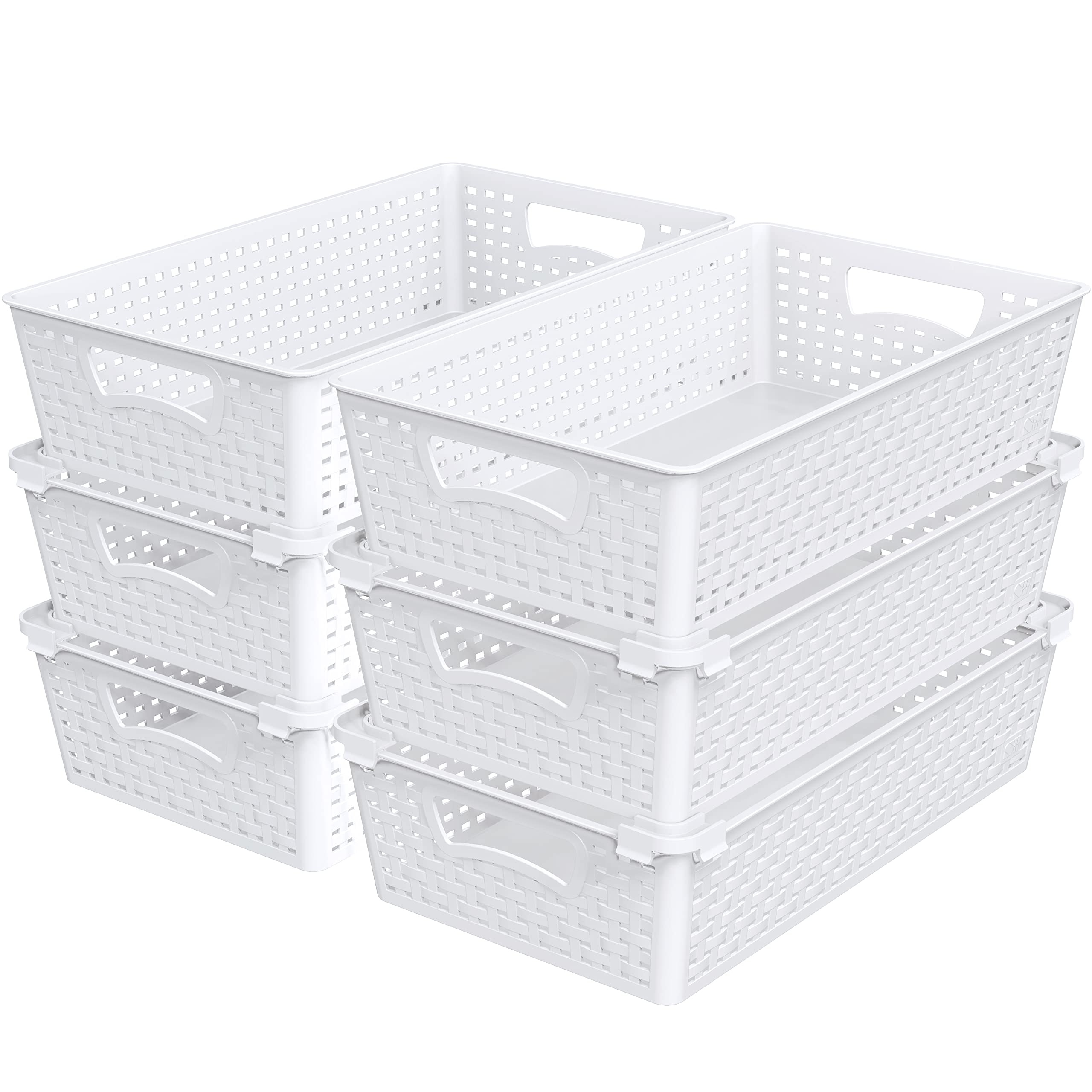 Simple Houseware Stackable Plastic Woven Basket Storage and Pantry Organizer Bin, 6 Pack, White