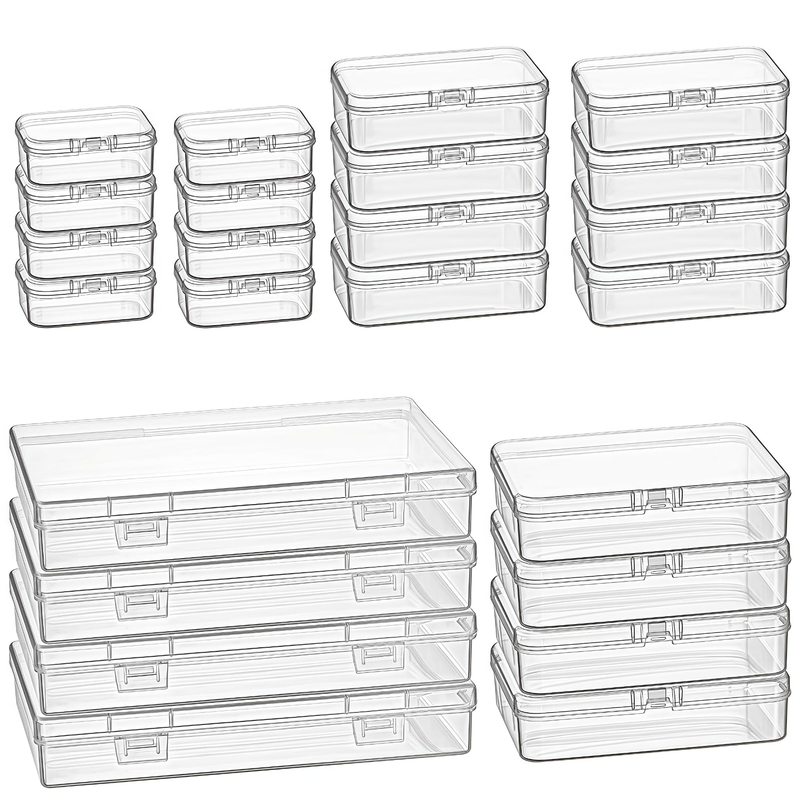 24 Pieces Mixed Sizes Rectangular Empty Mini Clear Plastic Organizer Storage Box Containers with Hinged Lids for Small Items and Other Craft Projects