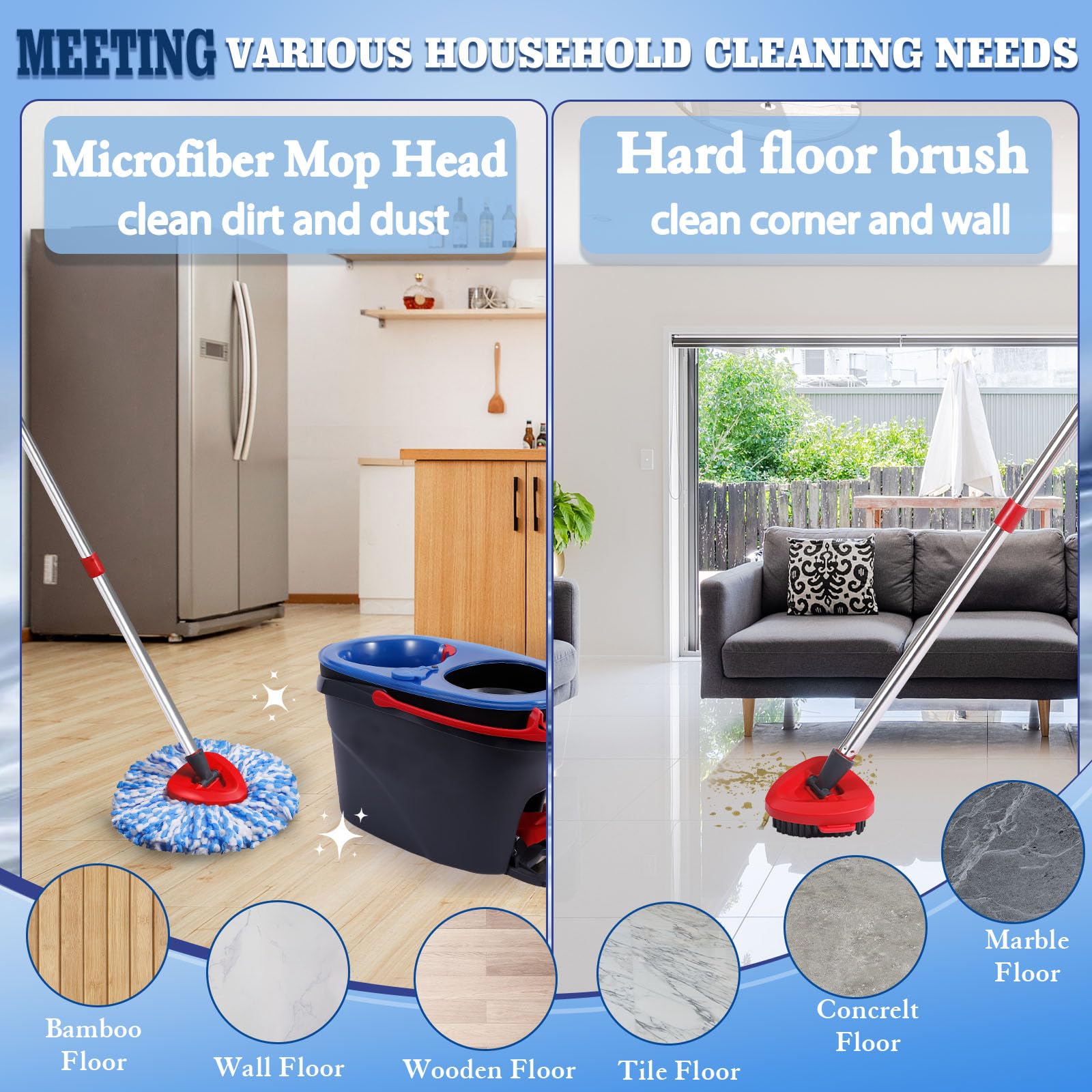 4-Pack Microfiber Spin Mop Head Replacements - Compatible with Oceda RinseClean 2-Tank System,Comes with 1 Mop Scrub Brush, 1 Mop Base & 4 Cleaning Floor Mop Heads Blue