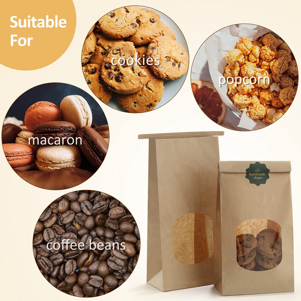 BagDream Cookie Bags 50 Pcs 4.5x2.36x9.6 Inch Brown Kraft Paper Bags with Window, Tin Tie Tab Lock, Recyclable Treat Bags for Coffee Bean, Bread, Muffin, Popcorn, Party, Wedding