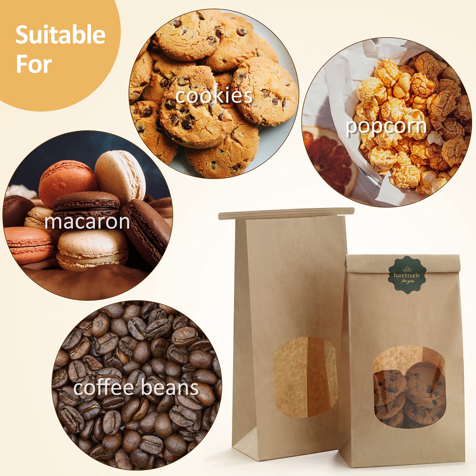 BagDream Cookie Bags 50 Pcs 4.5x2.36x9.6 Inch Brown Kraft Paper Bags with Window, Tin Tie Tab Lock, Recyclable Treat Bags for Coffee Bean, Bread, Muffin, Popcorn, Party, Wedding