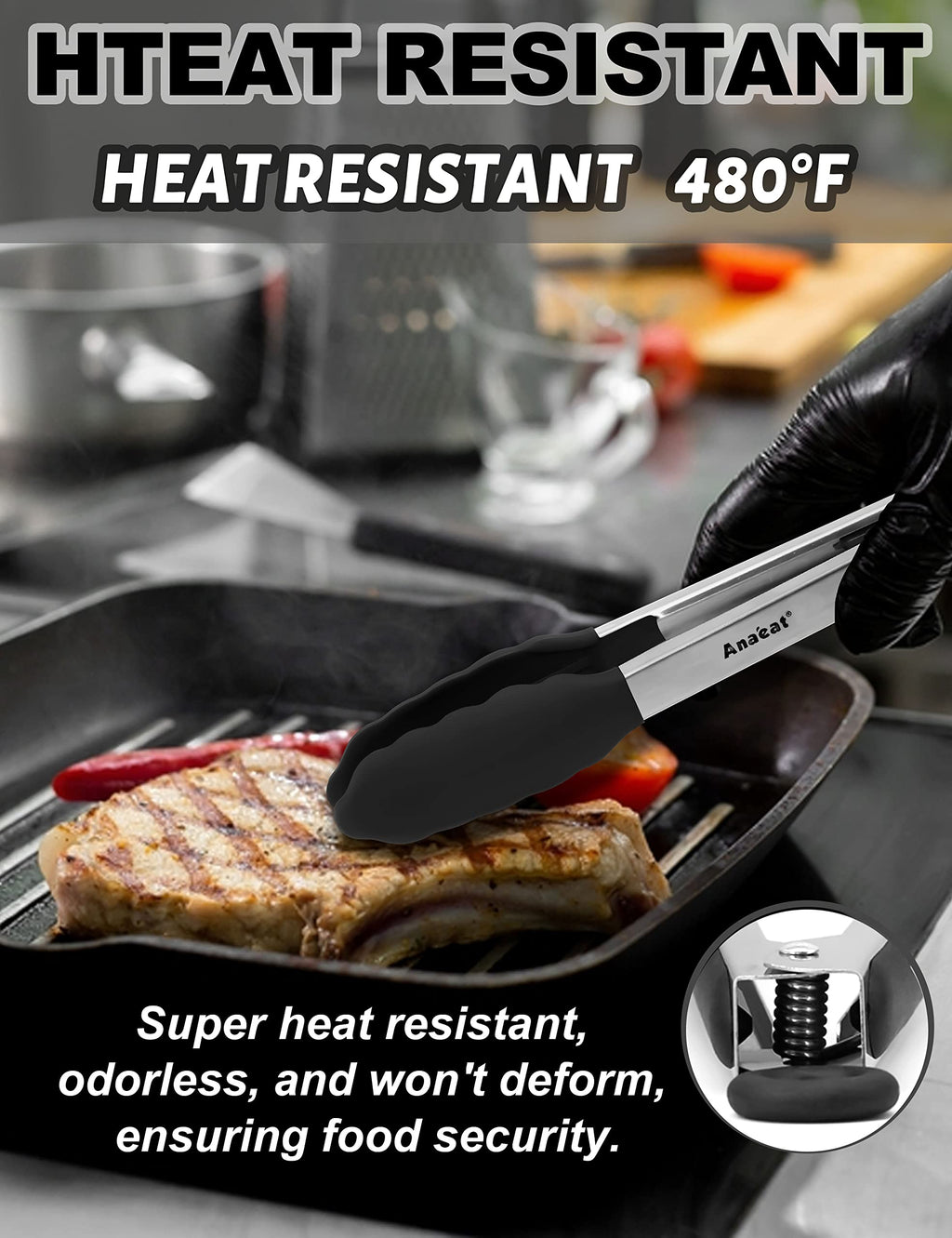 Anaeat Non-Stick Silicone Locking Tong Set of 3 - Stainless Steel 7", 9", 12" Kitchen Food Tongs with Non-Slip Silicone Tips and Grip for Baking, Cooking and BBQ - Heat Resistant up to 480°F (Black)