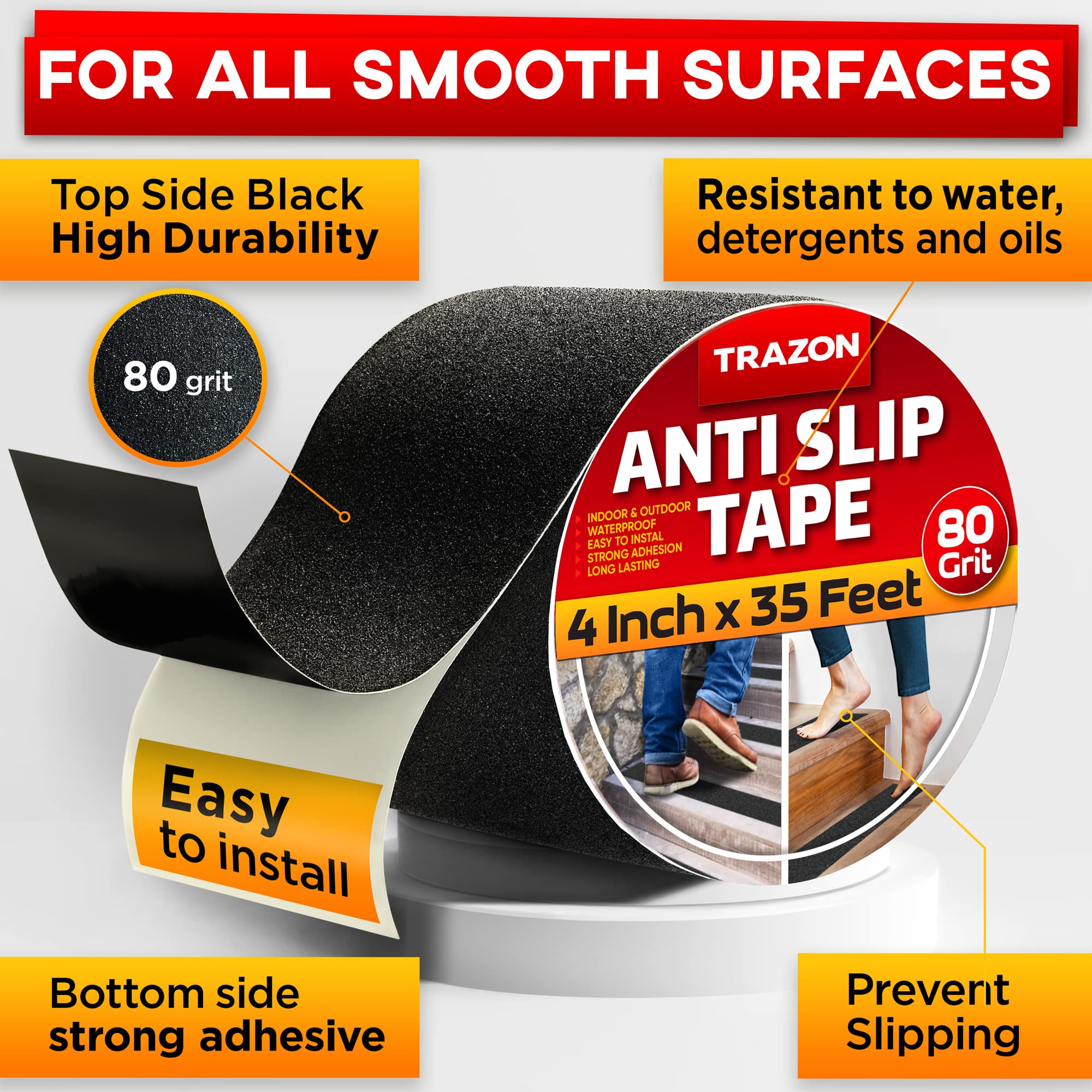 Grip Tape - Heavy Duty Anti Slip Tape for Stairs Outdoor/Indoor Waterproof Safety Non Skid Roll for Stair Steps Traction Tread Staircase Grips (Black, 4 Inch x 35 Feet)