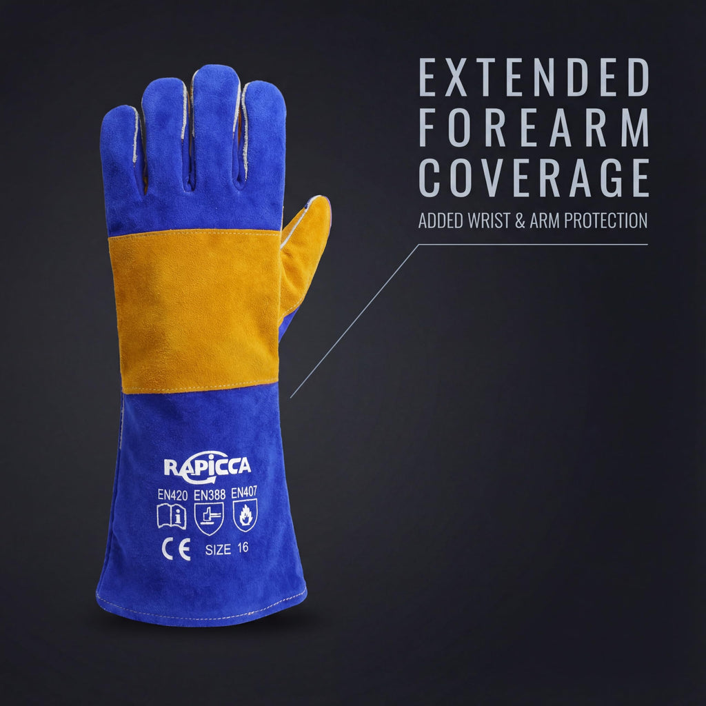 RAPICCA Welding Gloves Fire Heat Resistant: Fireproof Leather For Stick Mig Flux-Core Welder Forge Blacksmith Fireplace Wood Stove Fire Pit Furnace Handling Dry ice - One Size Blue 16IN 932℉