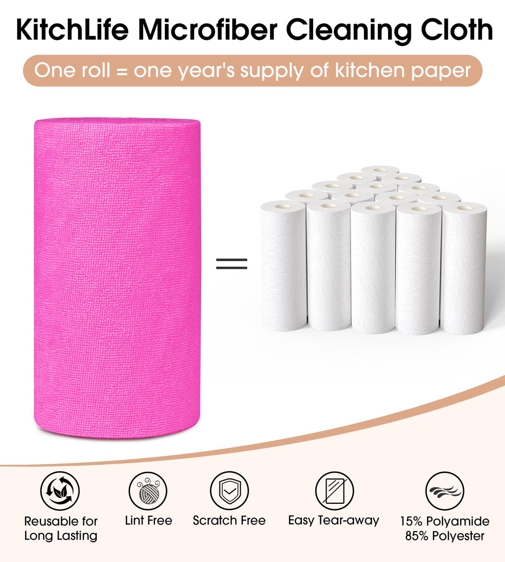 KitchLife Microfiber Cleaning Cloth Roll -100 Pieces, Tear Away Towels, Reusable, Washable, Lint Free, Ultra Absorbent Dishcloths Rags for Home, Kitchen, Car, Garage or Workshop (Hot Pink)