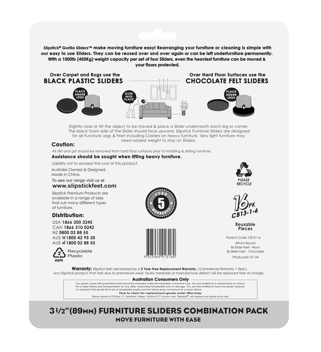 Slipstick GorillaSliders Premium 89mm Furniture Sliders for All Floor Surfaces (16 Piece Moving Kit) Reusable 3.5” Round Furniture Movers for Sliding Furniture on Hardwood & Carpet, Black