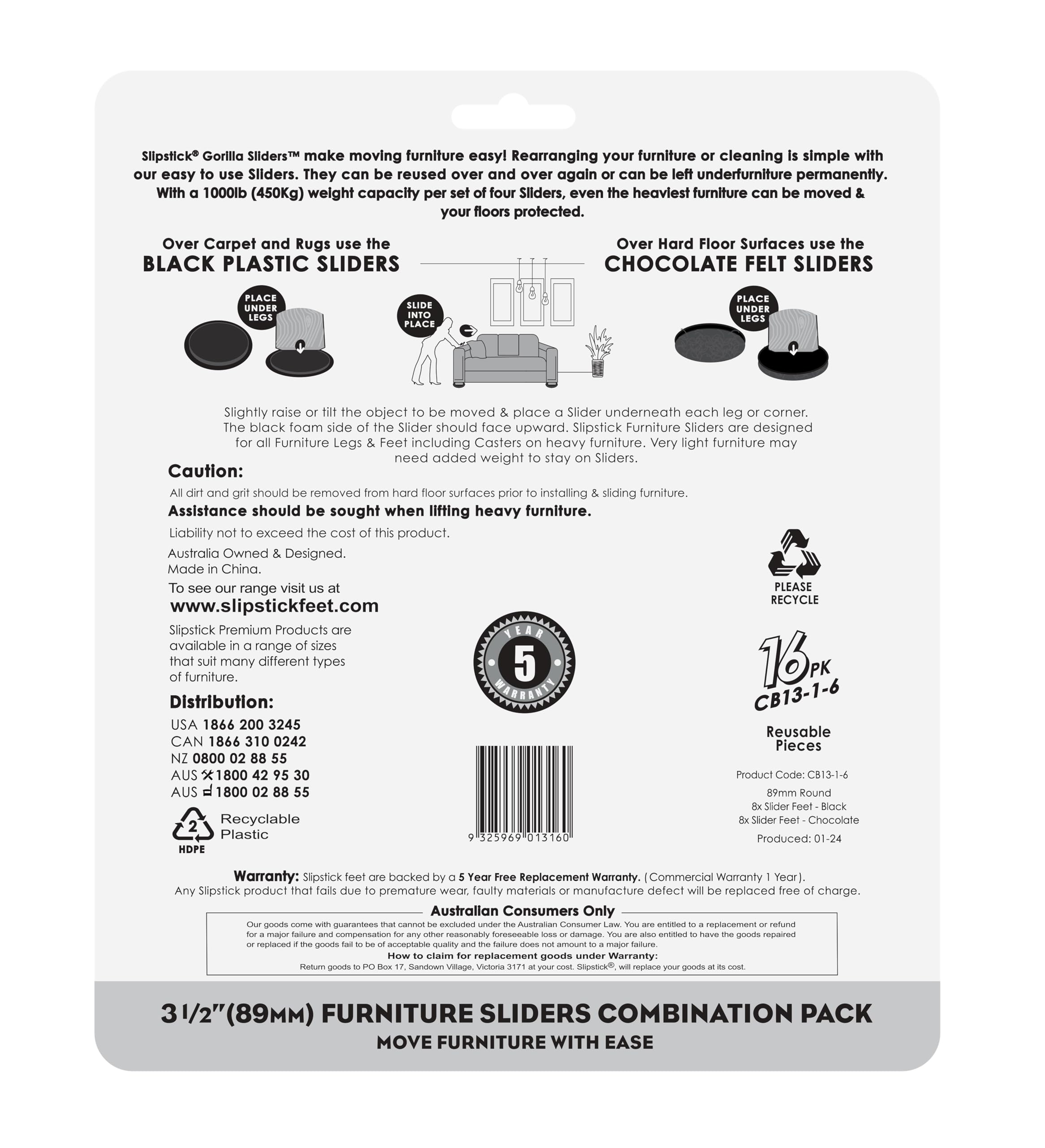 Slipstick GorillaSliders Premium 89mm Furniture Sliders for All Floor Surfaces (16 Piece Moving Kit) Reusable 3.5” Round Furniture Movers for Sliding Furniture on Hardwood & Carpet, Black