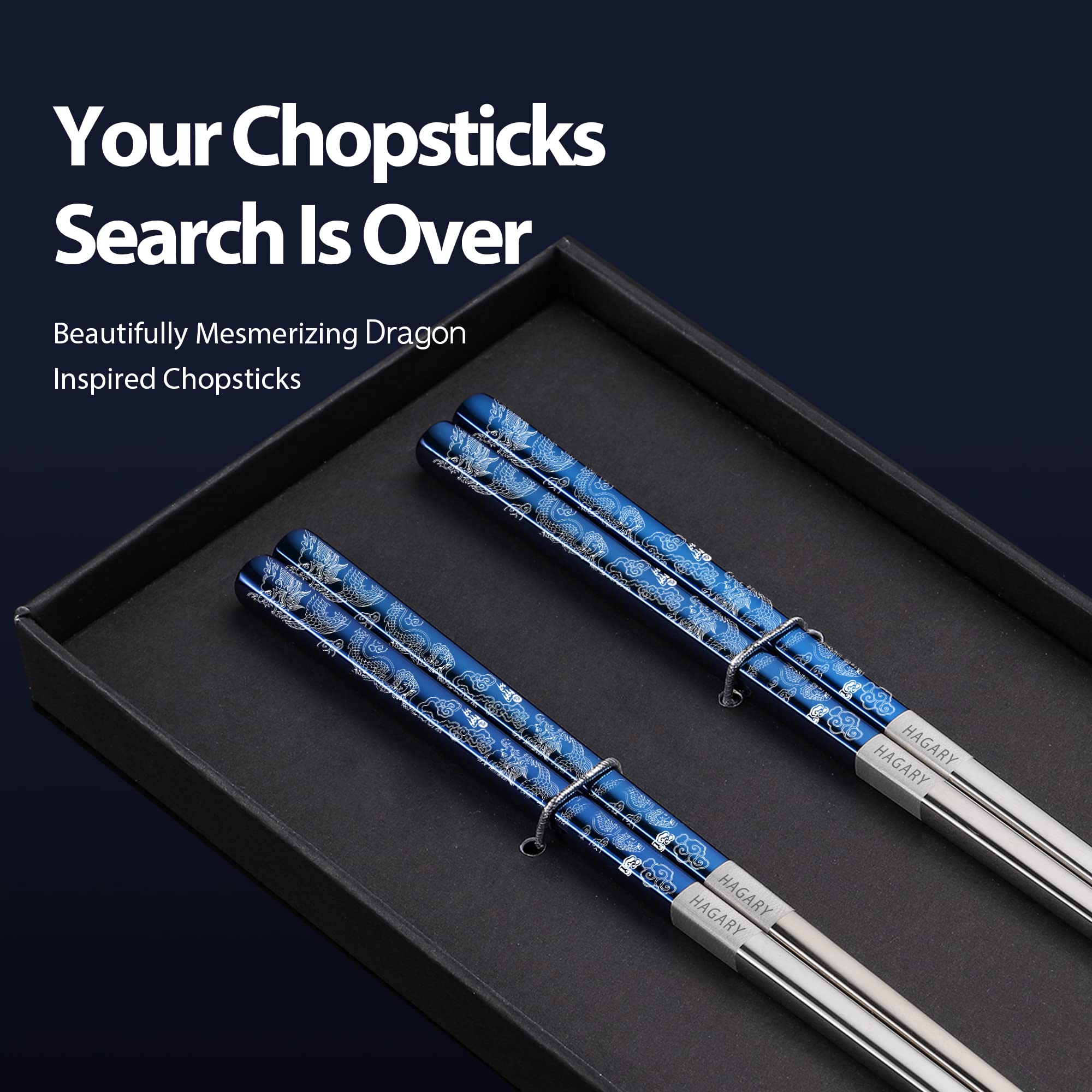 Hagary Dragon Chopsticks Metal Reusable Designed In Korea Japanese Style Stainless Steel 316 18/10 Non-Slip Dishwasher Safe Laser Etched (Blue - 2 Pairs)