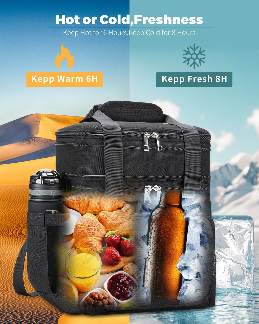 Insulated Lunch Bag for Men Women: Expandable Lunch Bag Box for Work Picnic Travel Outdoor - Large Reusable Leakproof Cooler Bag for Adult - Black